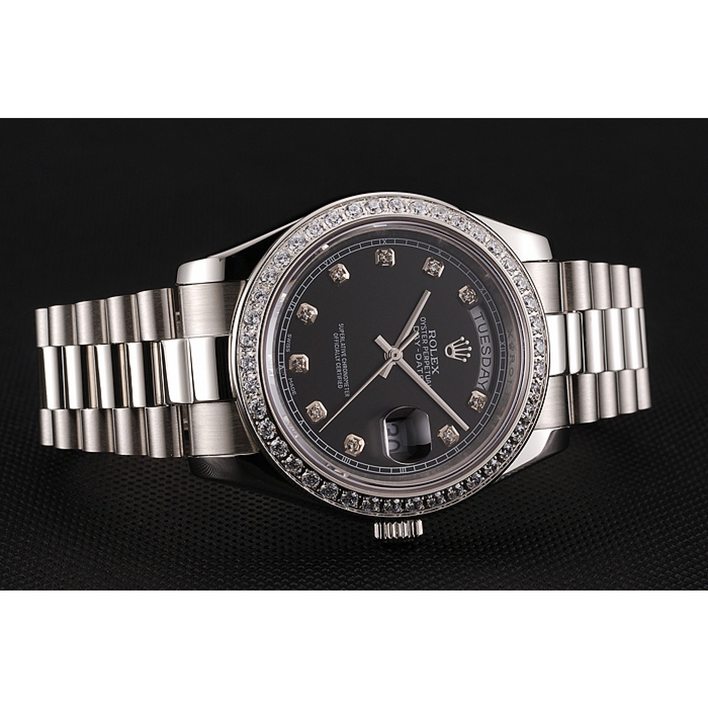 MiroTime Swiss Rolex Day-Date Black Dial Diamond Case Diamond Numerals Stainless Steel Bracelet 1453965