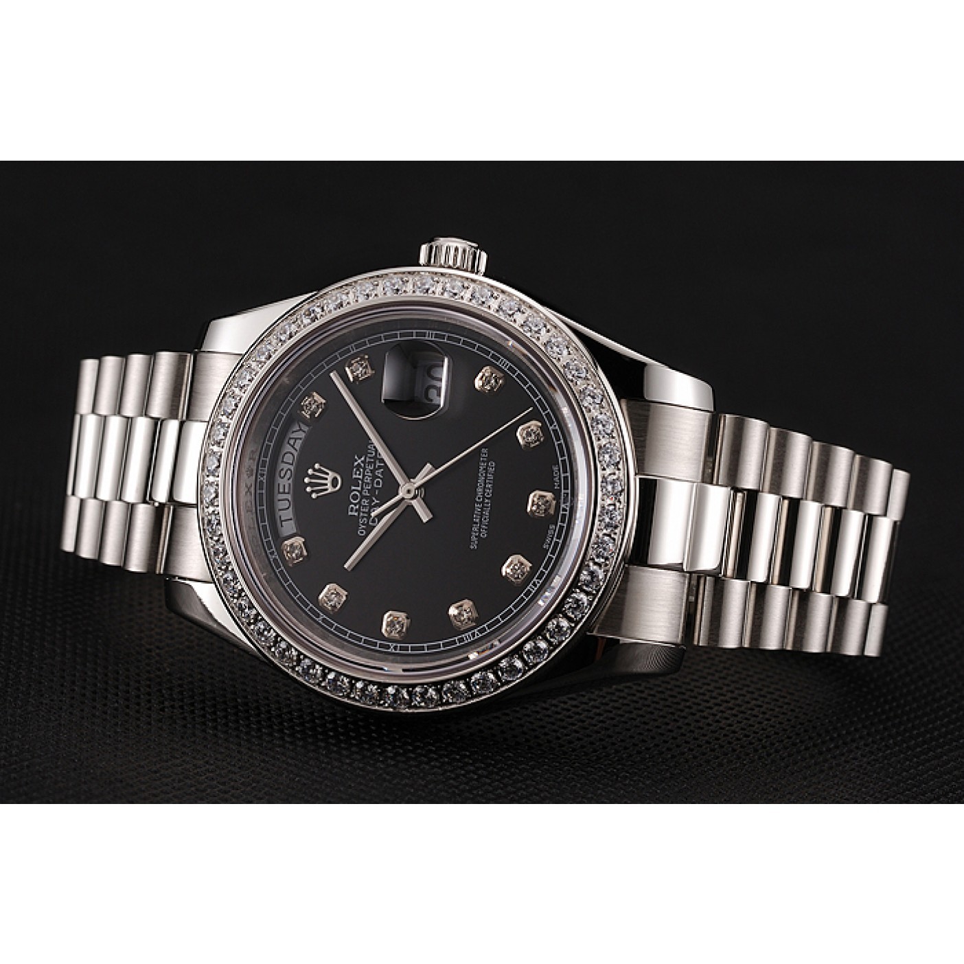 MiroTime Swiss Rolex Day-Date Black Dial Diamond Case Diamond Numerals Stainless Steel Bracelet 1453965