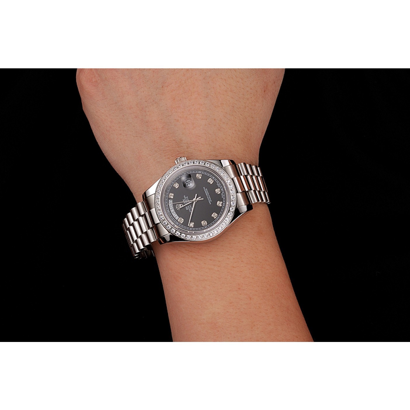 MiroTime Swiss Rolex Day-Date Black Dial Diamond Case Diamond Numerals Stainless Steel Bracelet 1453965