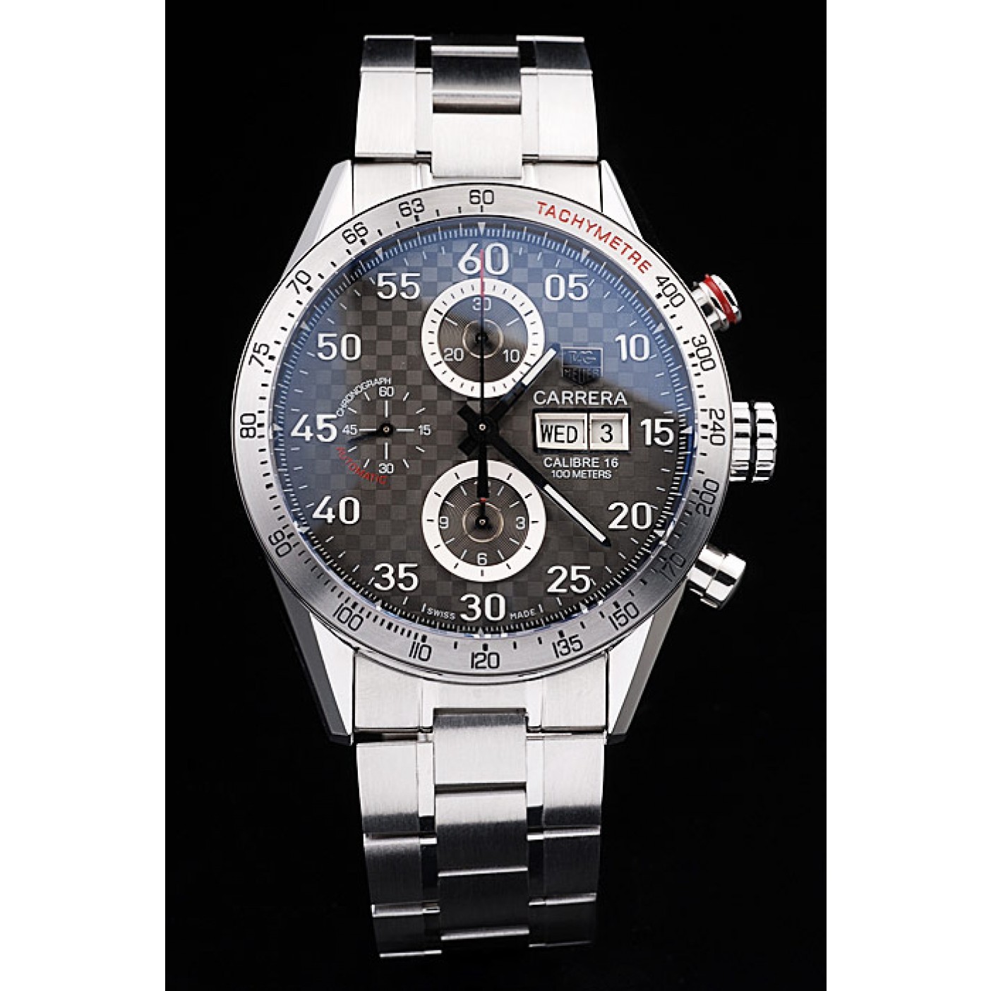 MiroTime Tag Heuer Swiss Carrera Tachymeter Bezel Stainless Steel Checkered Brown Dial