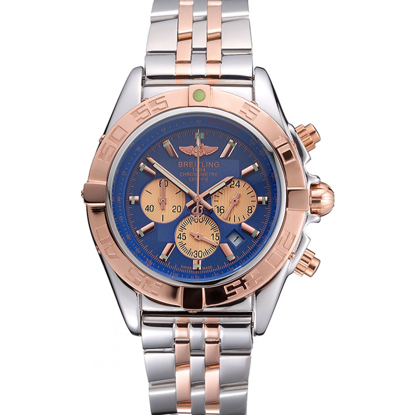 MiroTime Breitling Chronomat Blue Dial Rose Gold Bezel And Subdials Stainless Steel Case Two Tone Bracelet
