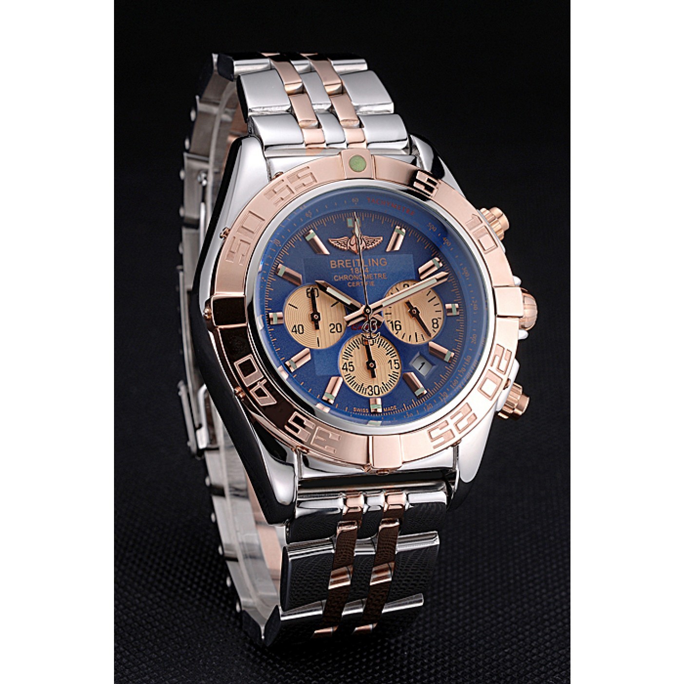 MiroTime Breitling Chronomat Blue Dial Rose Gold Bezel And Subdials Stainless Steel Case Two Tone Bracelet