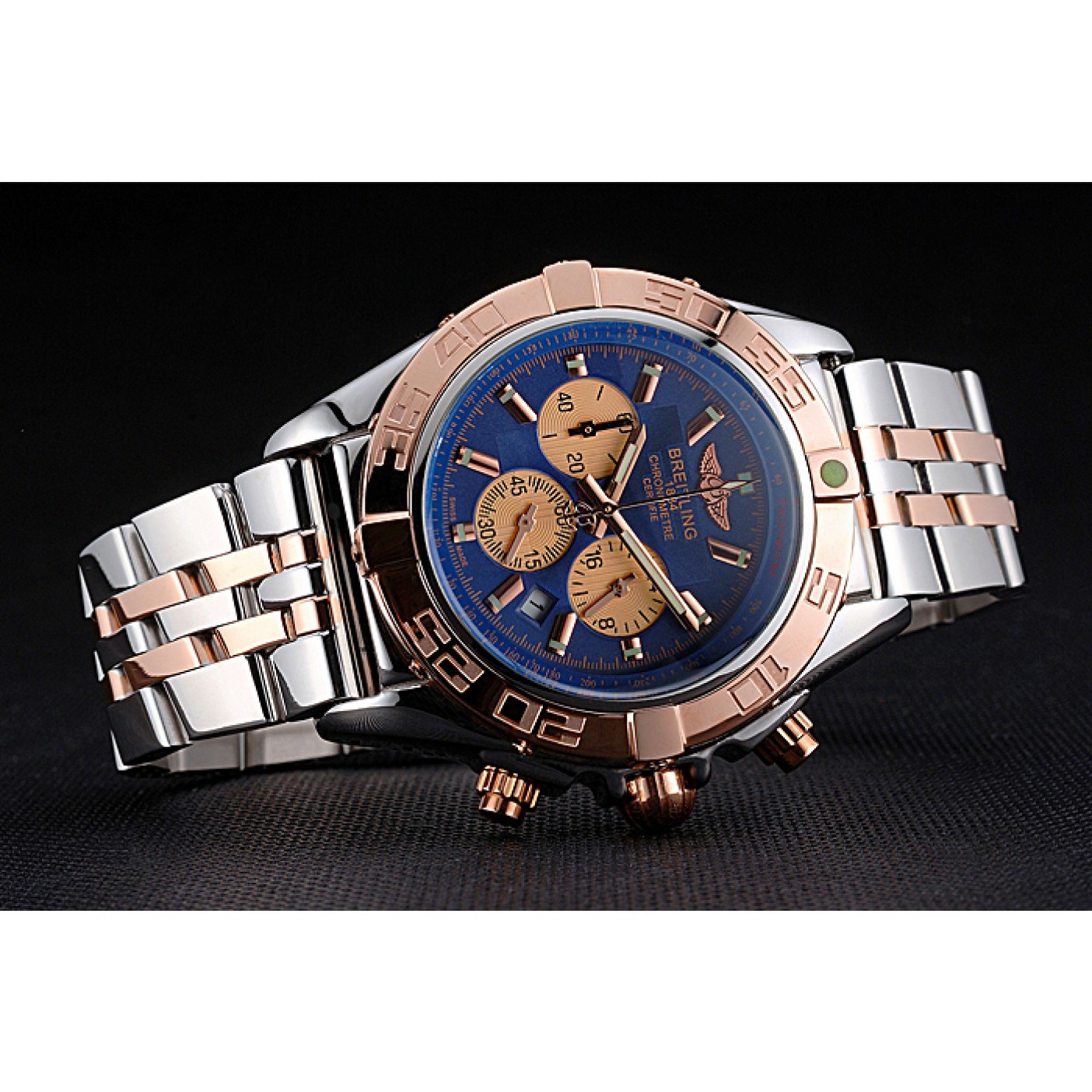 MiroTime Breitling Chronomat Blue Dial Rose Gold Bezel And Subdials Stainless Steel Case Two Tone Bracelet