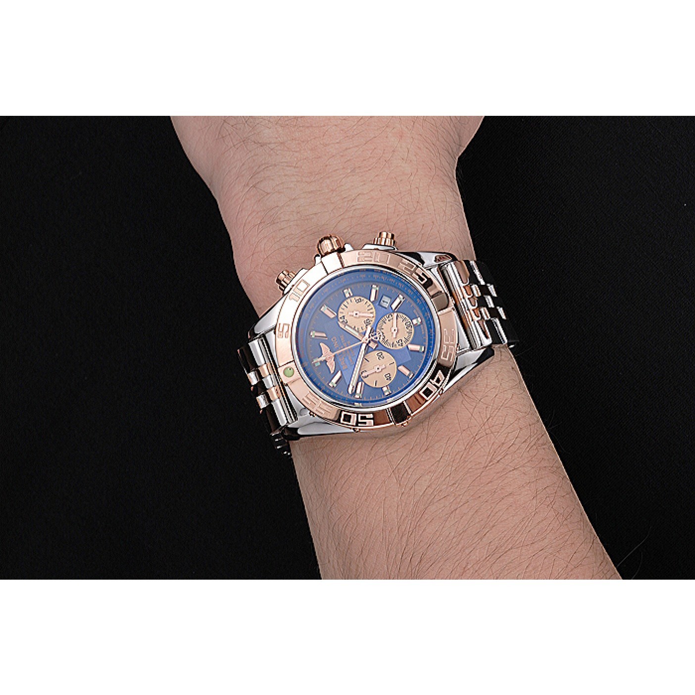 MiroTime Breitling Chronomat Blue Dial Rose Gold Bezel And Subdials Stainless Steel Case Two Tone Bracelet