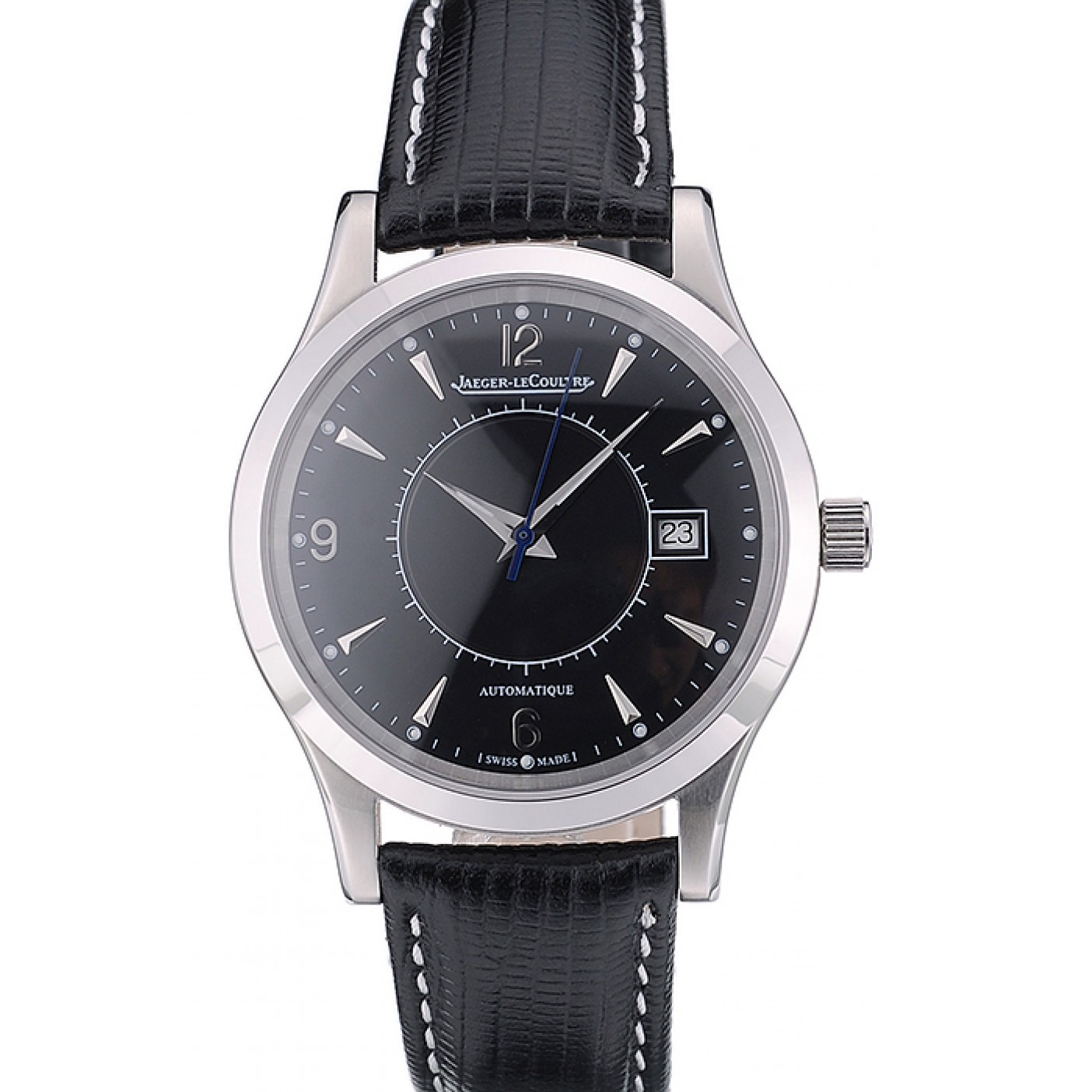 MiroTime Jaeger Le Coultre Swiss Master Control Stainless Steel Bezel Black Leather Strap 7593