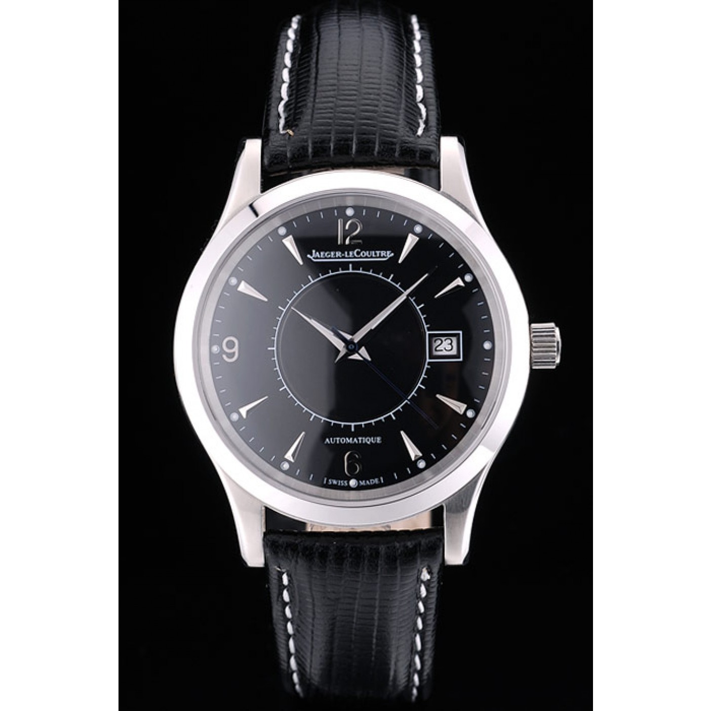 MiroTime Jaeger Le Coultre Swiss Master Control Stainless Steel Bezel Black Leather Strap 7593