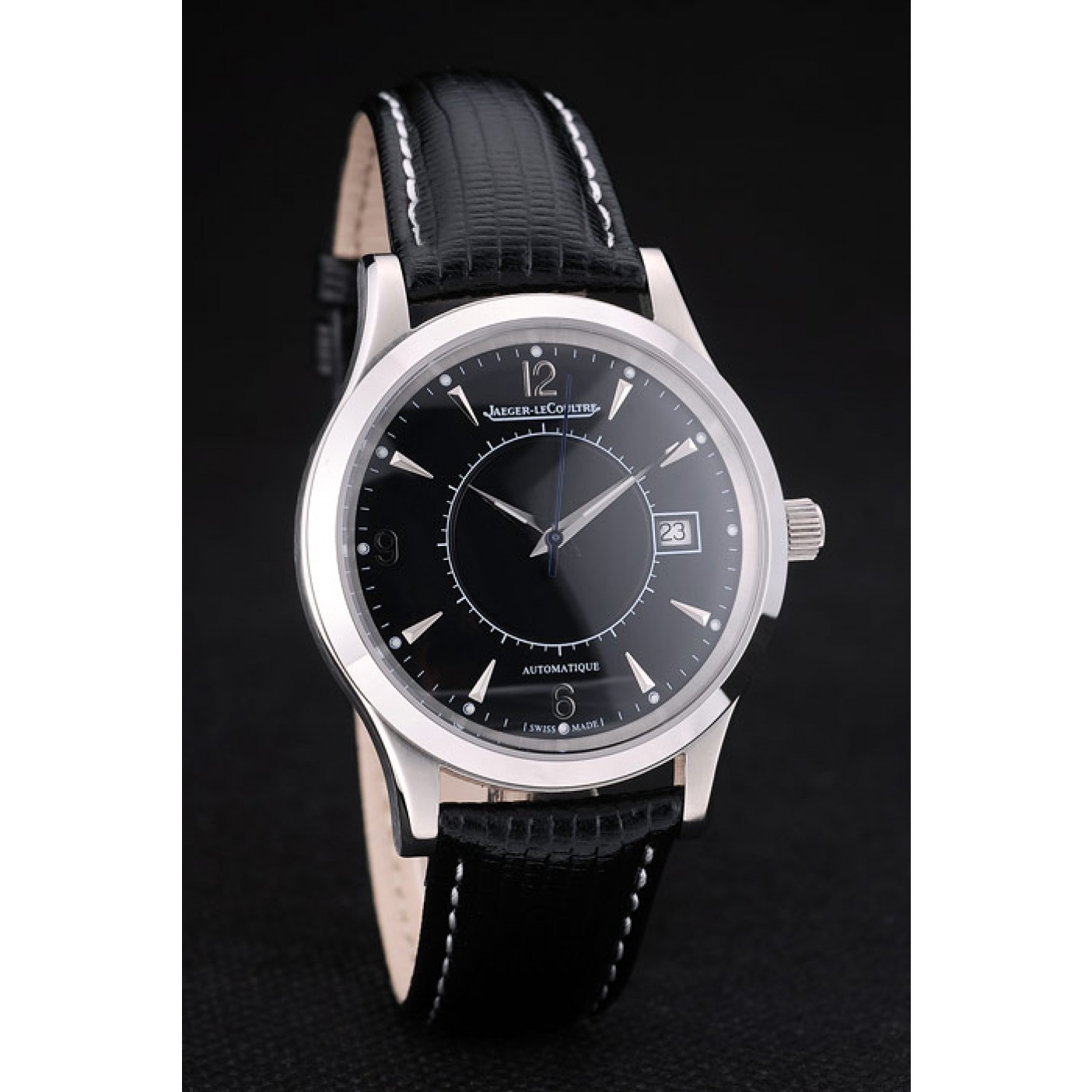 MiroTime Jaeger Le Coultre Swiss Master Control Stainless Steel Bezel Black Leather Strap 7593