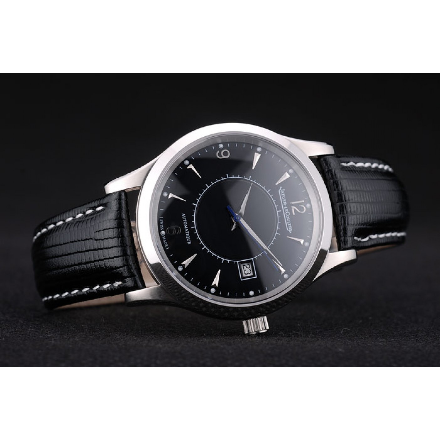 MiroTime Jaeger Le Coultre Swiss Master Control Stainless Steel Bezel Black Leather Strap 7593