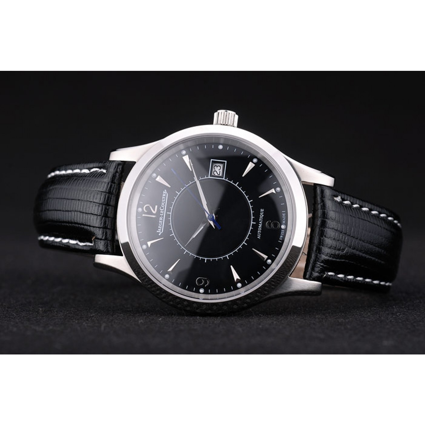 MiroTime Jaeger Le Coultre Swiss Master Control Stainless Steel Bezel Black Leather Strap 7593
