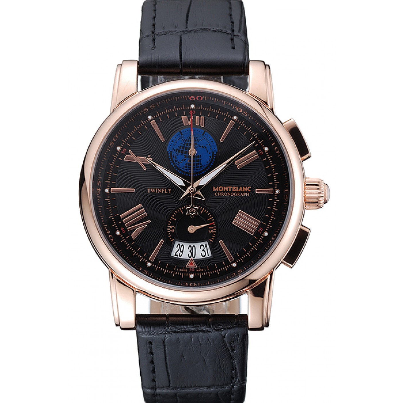MiroTime Montblanc Twinfly Chronograph Black Dial Black Leather Bracelet 1454118