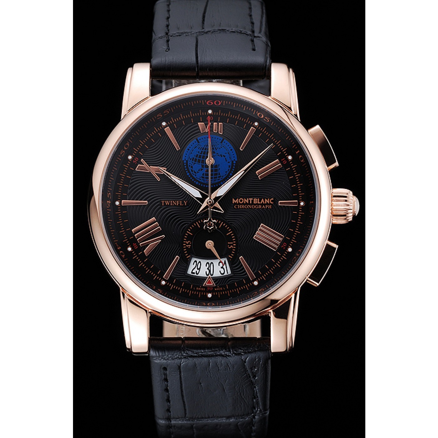 MiroTime Montblanc Twinfly Chronograph Black Dial Black Leather Bracelet 1454118
