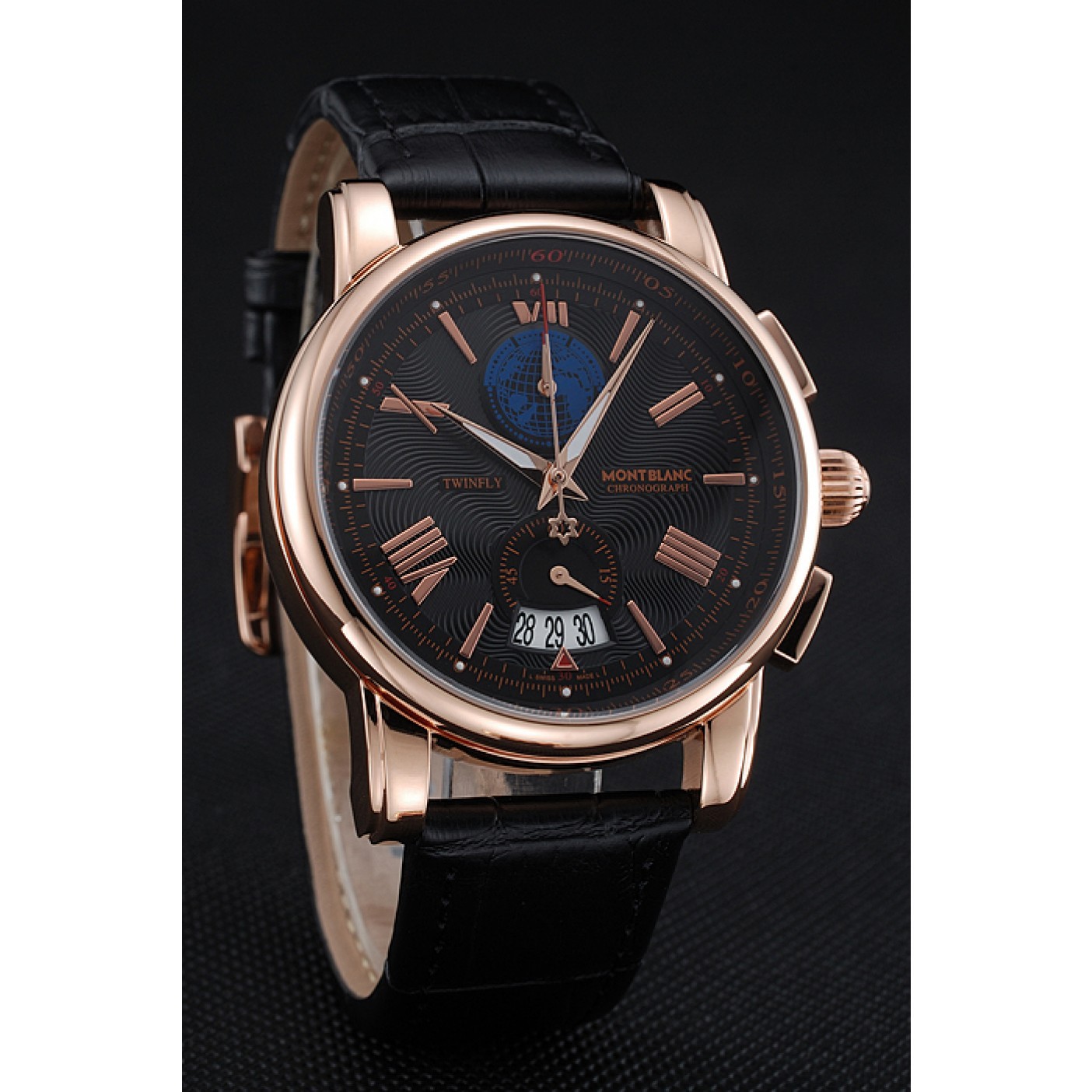 MiroTime Montblanc Twinfly Chronograph Black Dial Black Leather Bracelet 1454118