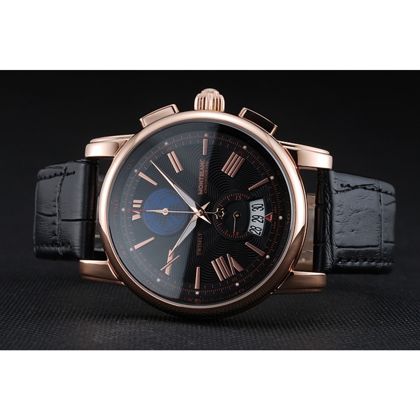 MiroTime Montblanc Twinfly Chronograph Black Dial Black Leather Bracelet 1454118