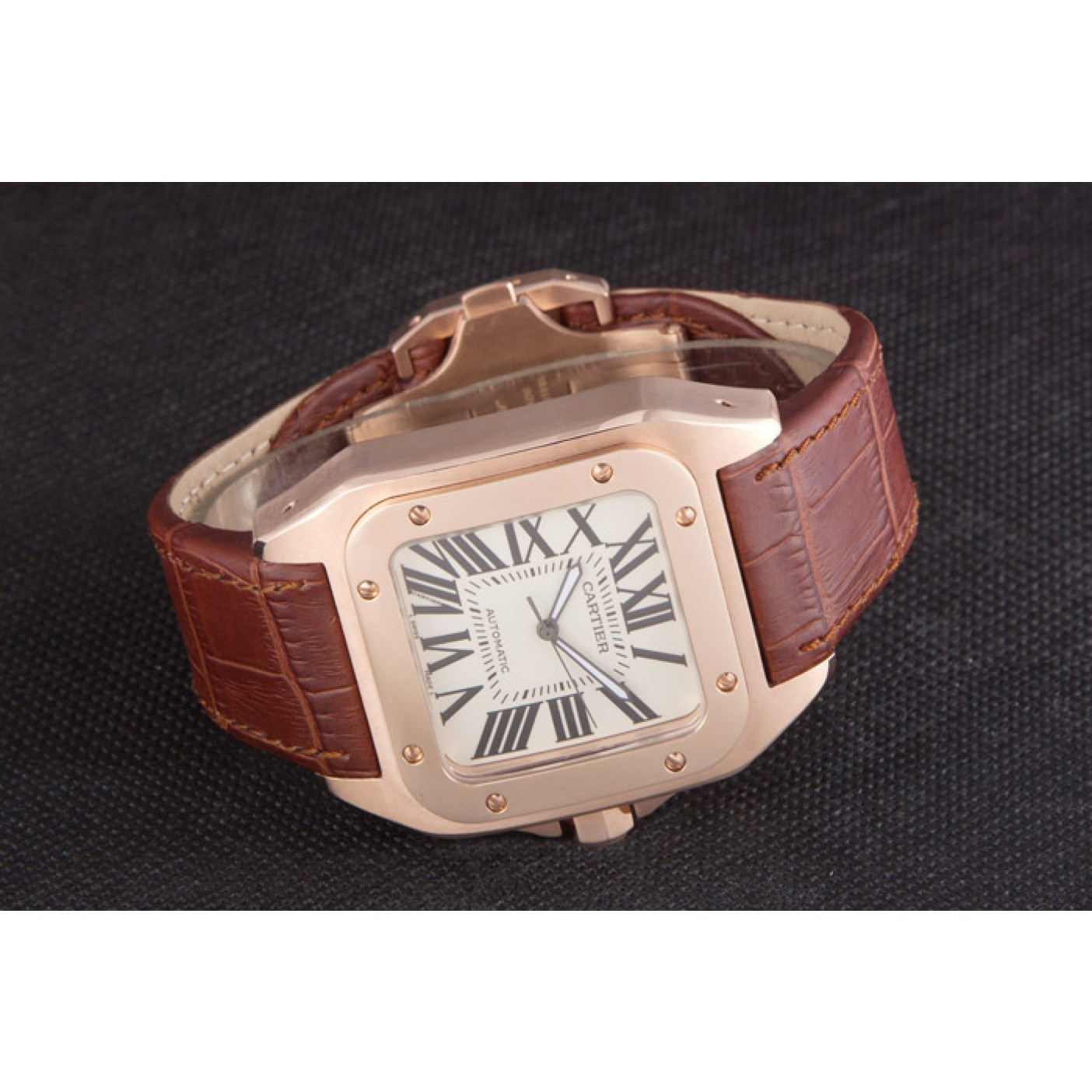 MiroTime Swiss Cartier Santos Rose Gold with Brown Leather Strap 621522