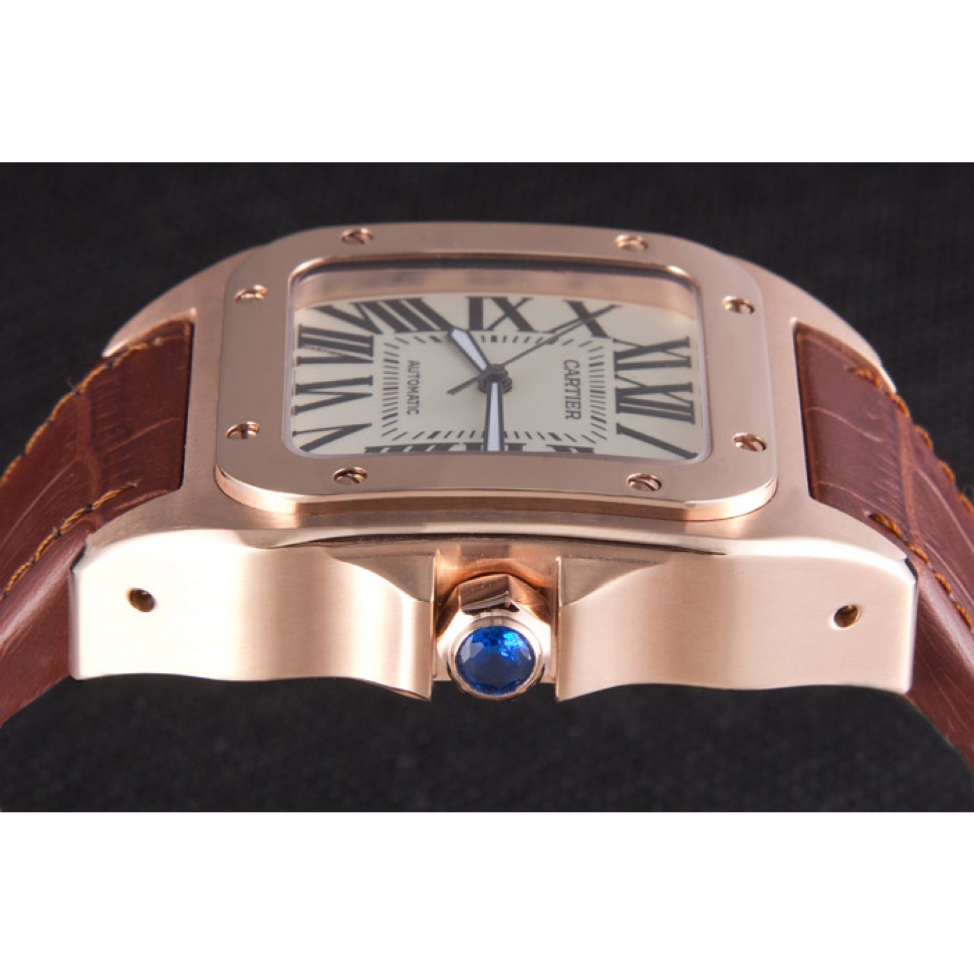 MiroTime Swiss Cartier Santos Rose Gold with Brown Leather Strap 621522