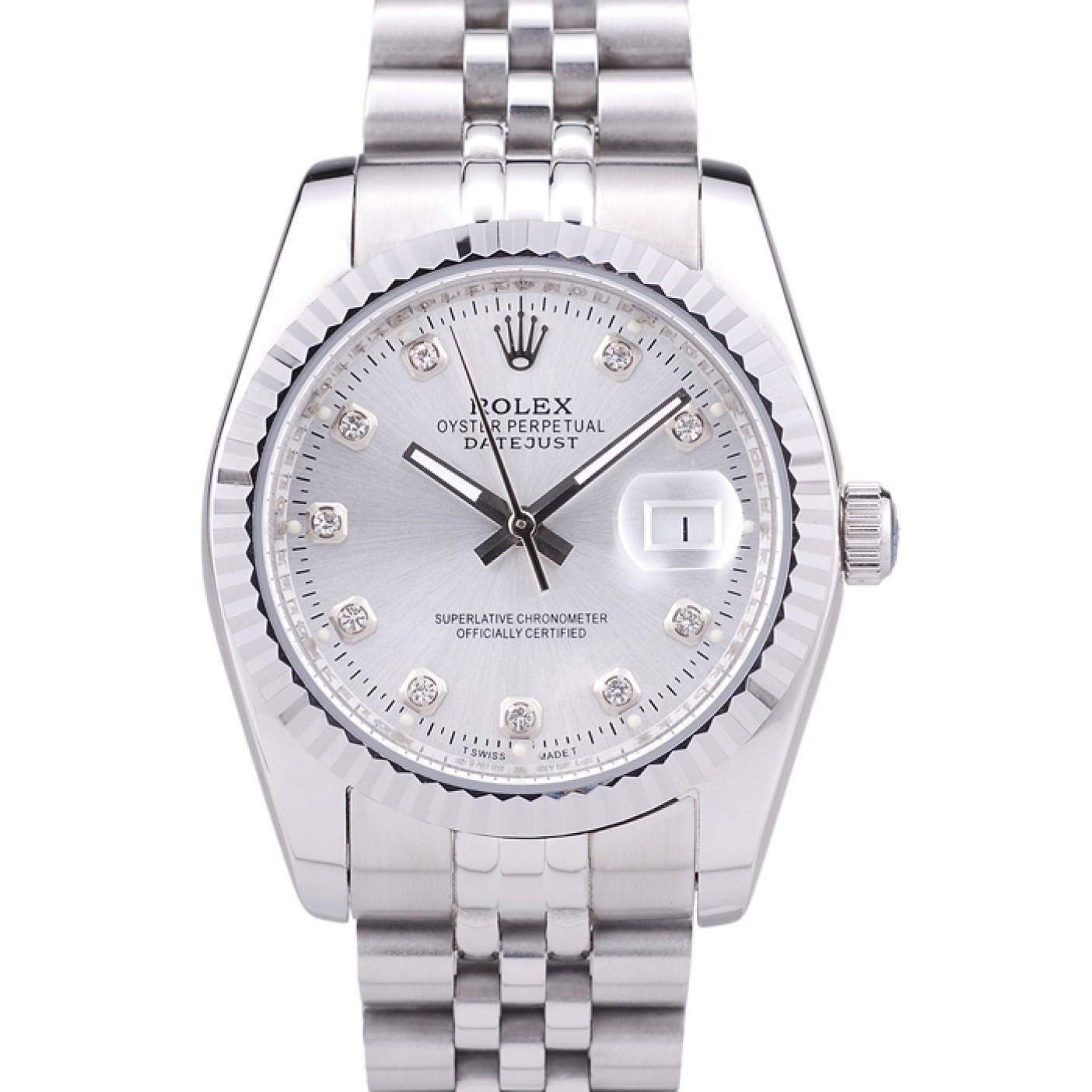 MiroTime Rolex Datejust Silver Dial Diamonds Ribbed Bezel 7455