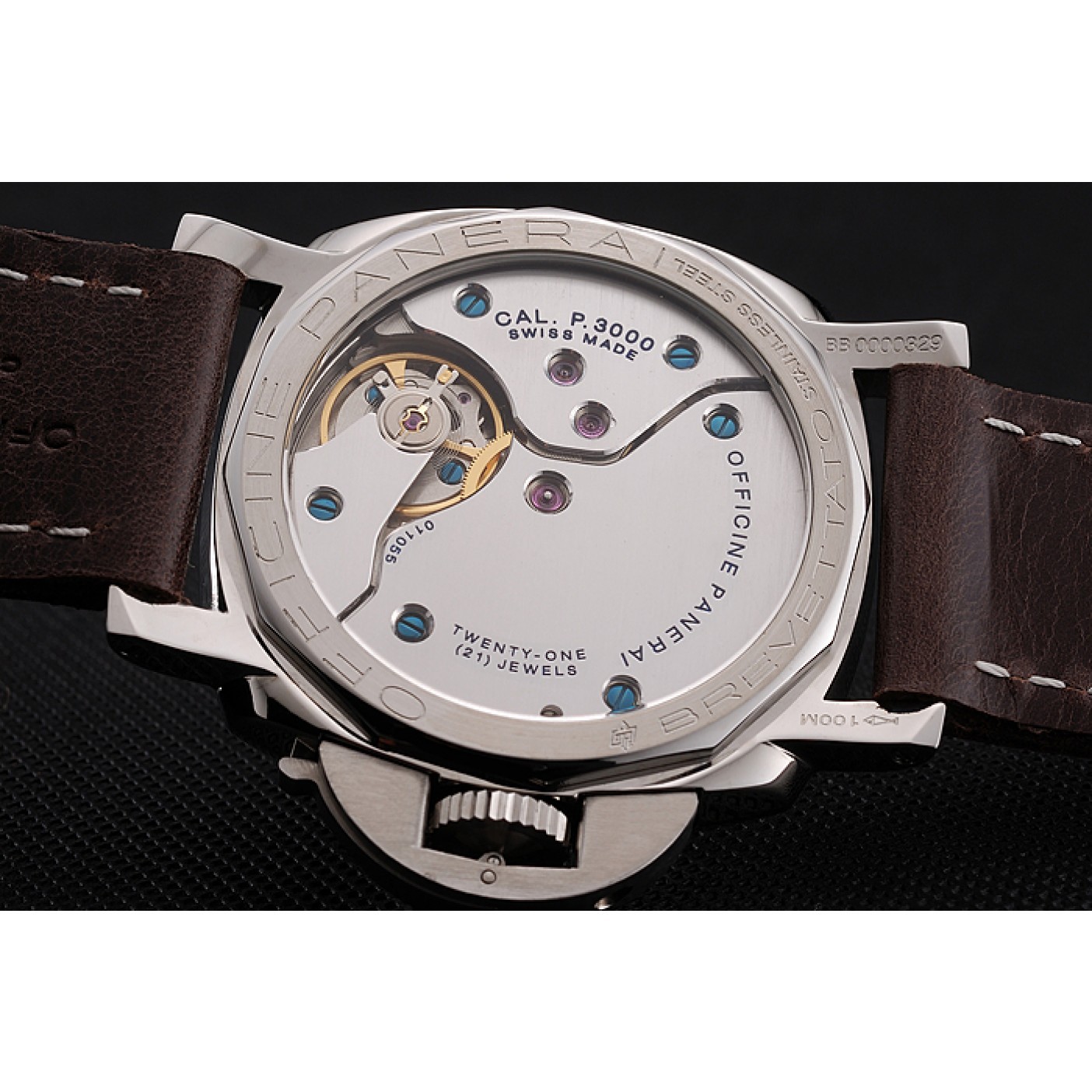 MiroTime Swiss Panerai Luminor Black Dial Stainless Steel Case Brown Leather Strap 1453854