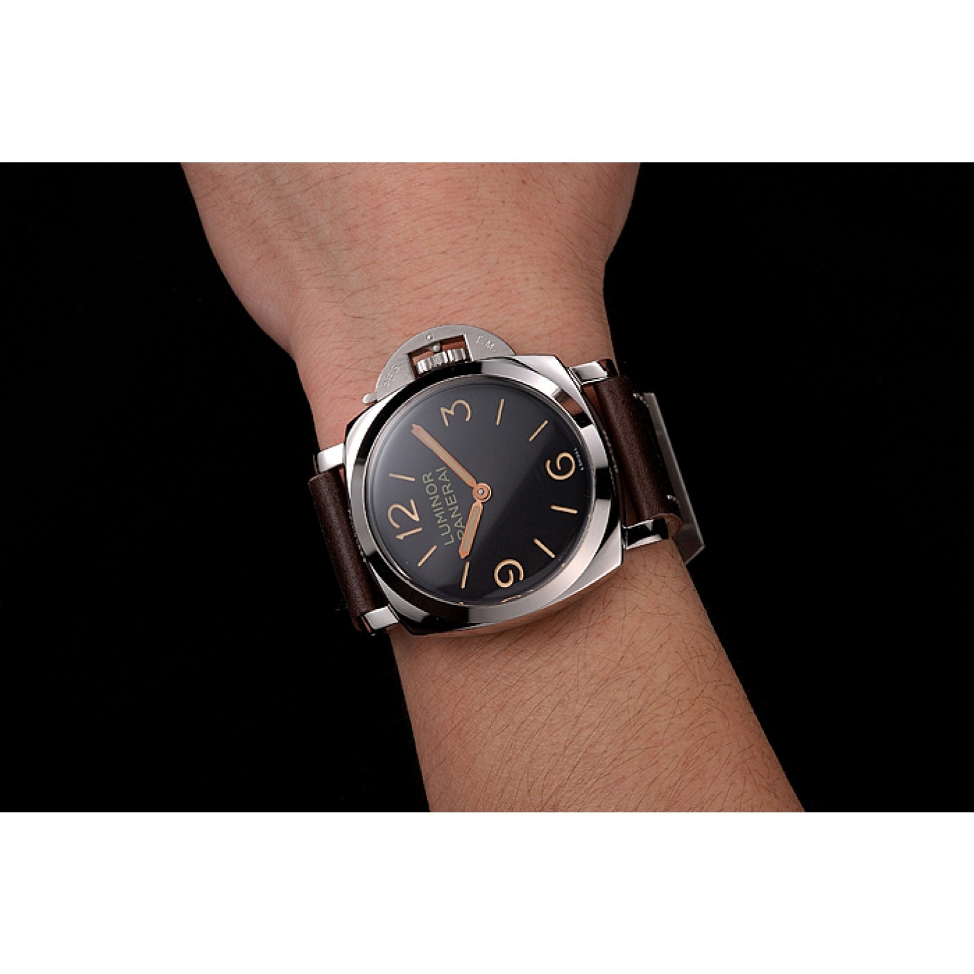 MiroTime Swiss Panerai Luminor Black Dial Stainless Steel Case Brown Leather Strap 1453854