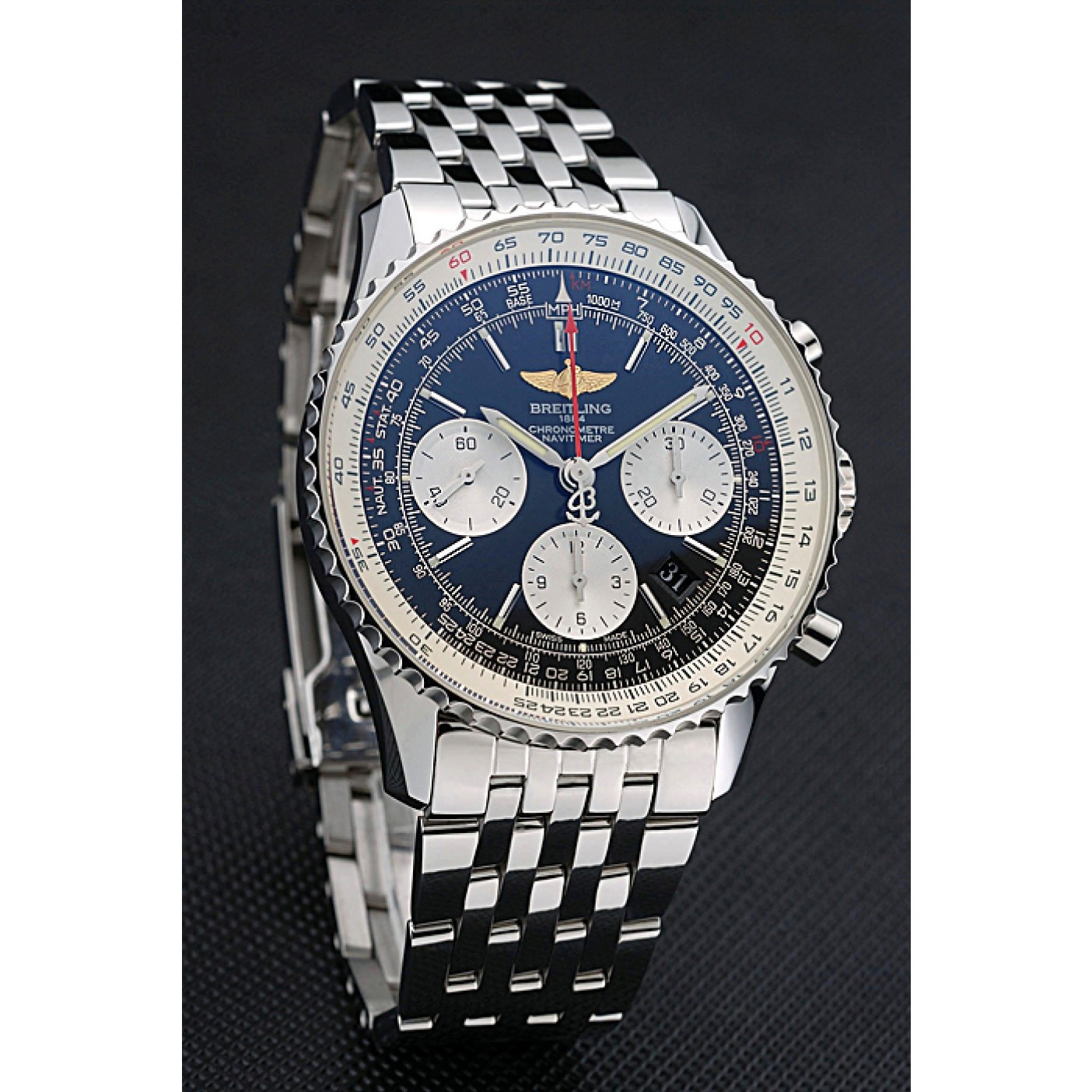 MiroTime Swiss Breitling Navitimer Black Dial Stainless Steel Bracelet 622442