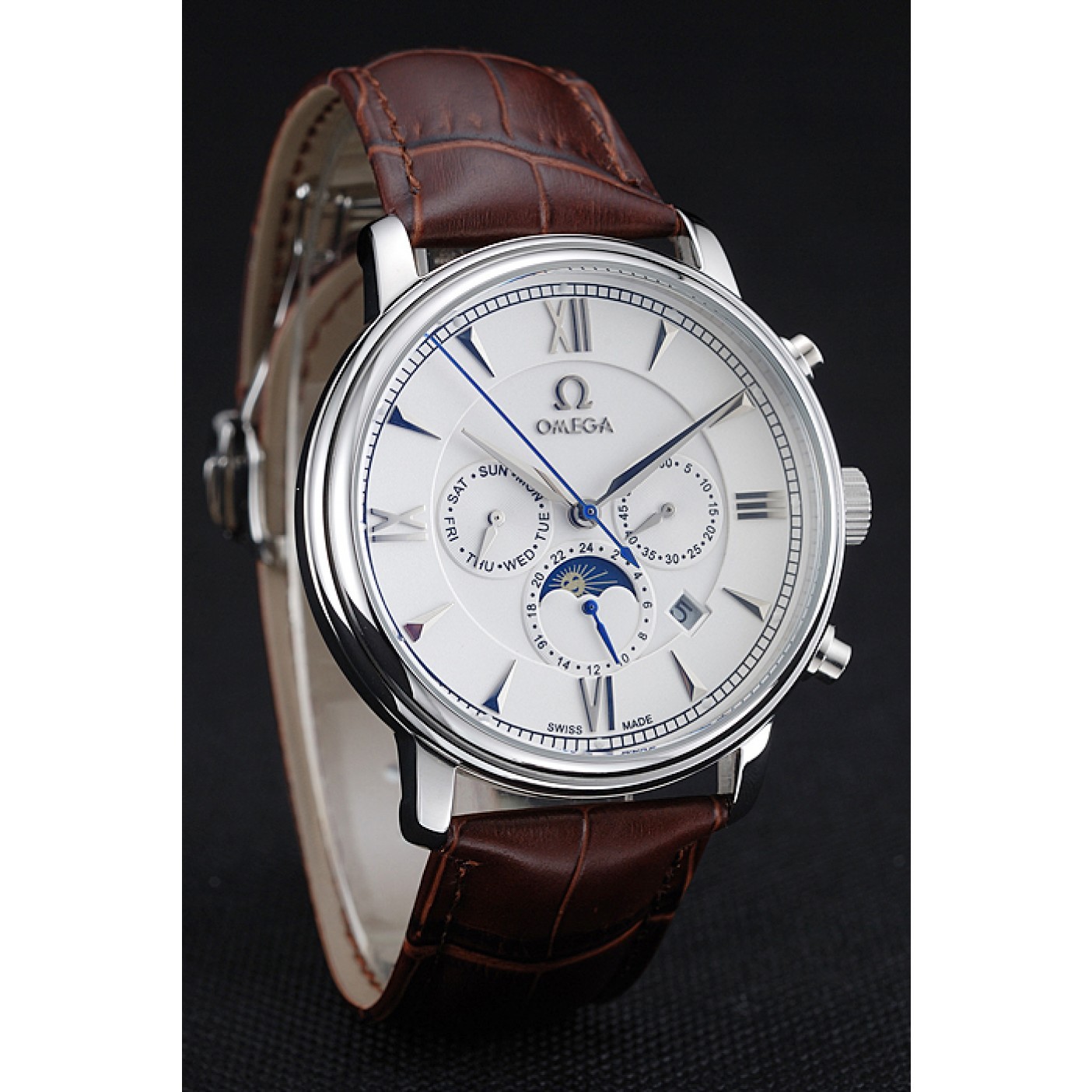 MiroTime Omega De Ville Moonphase White Dial Silver Case Brown Leather Bracelet 1454226