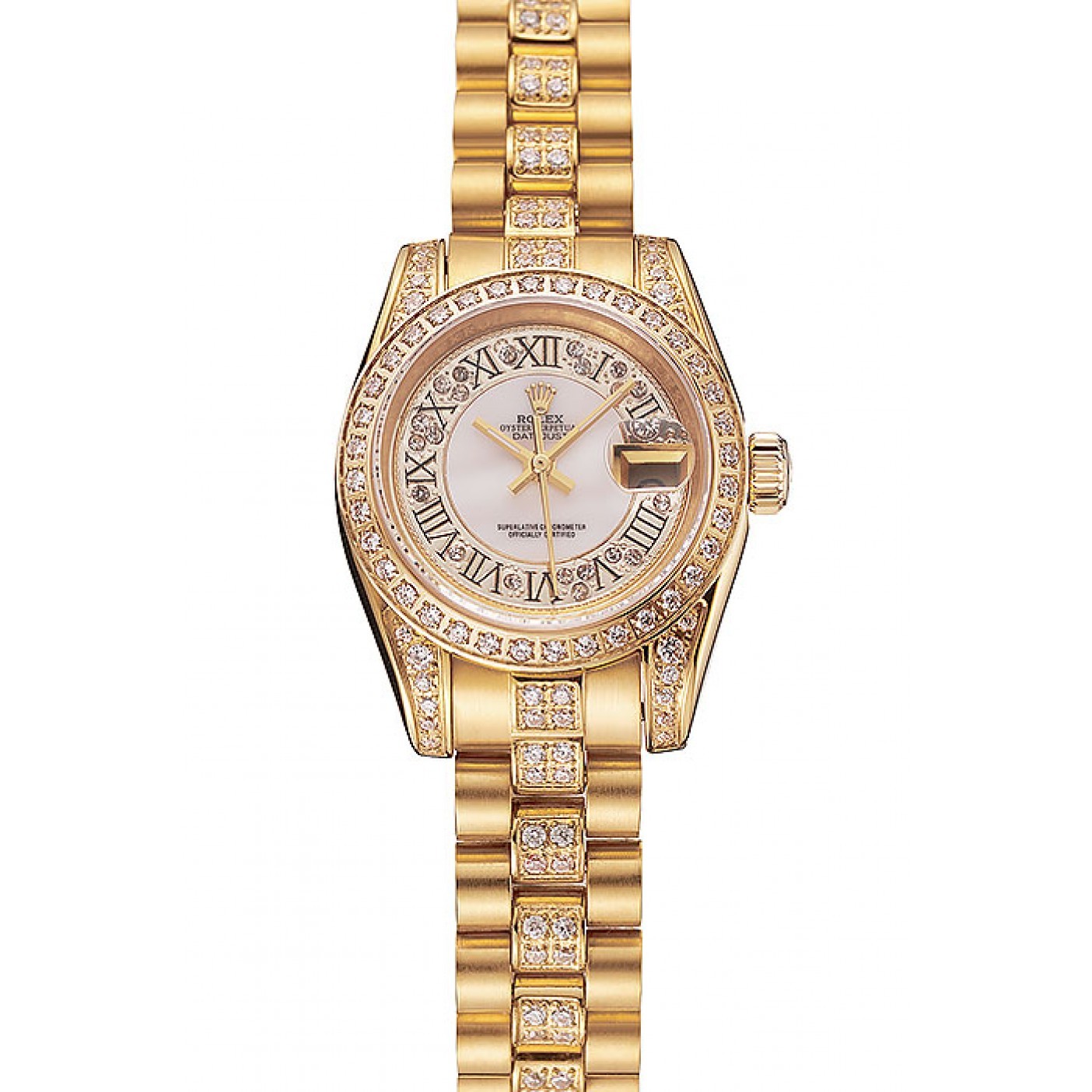 MiroTime Swiss Rolex DayJust Diamond Pave White Dial Gold Diamond Bracelet 1453957