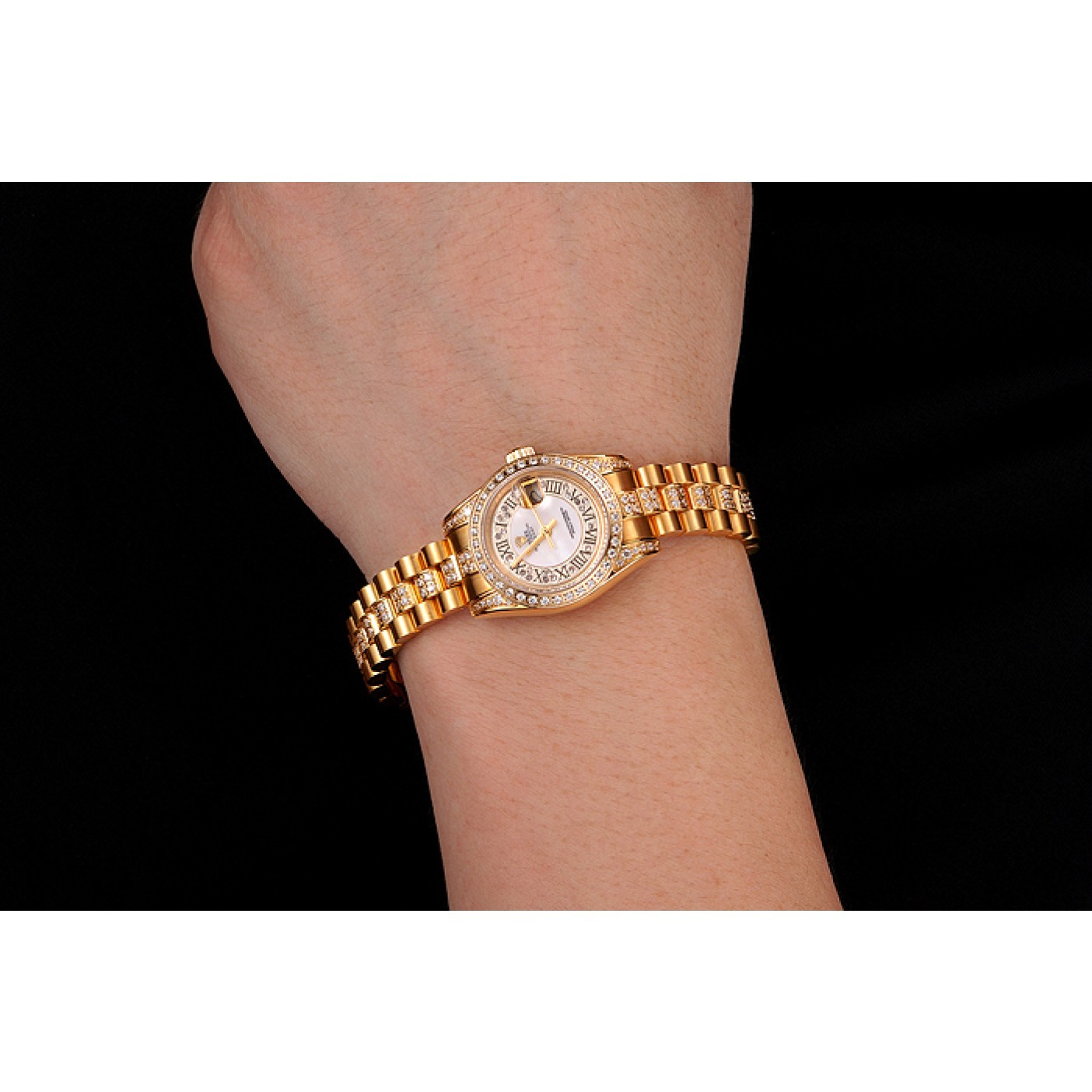 MiroTime Swiss Rolex DayJust Diamond Pave White Dial Gold Diamond Bracelet 1453957
