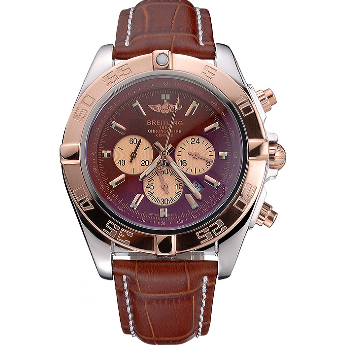 MiroTime Breitling Chronomat Brown Dial Rose Gold Bezel And Subdials Stainless Steel Case Brown Leather Strap