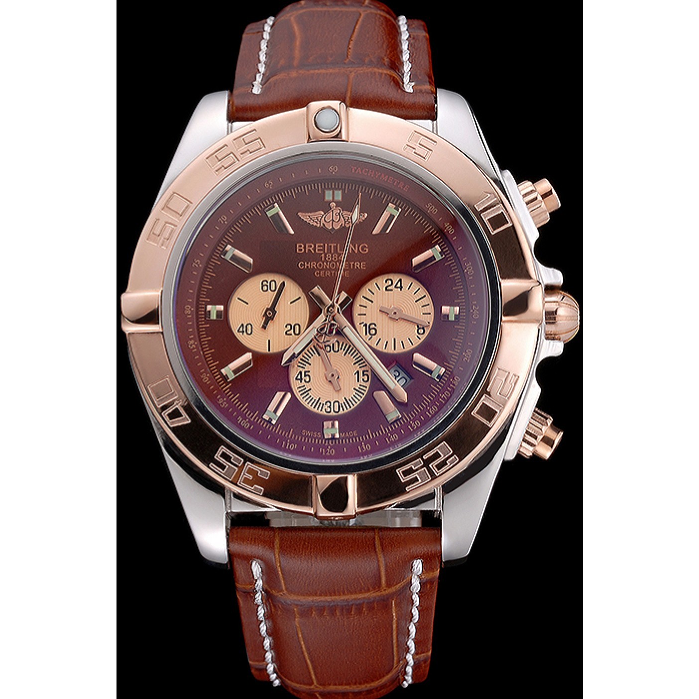 MiroTime Breitling Chronomat Brown Dial Rose Gold Bezel And Subdials Stainless Steel Case Brown Leather Strap