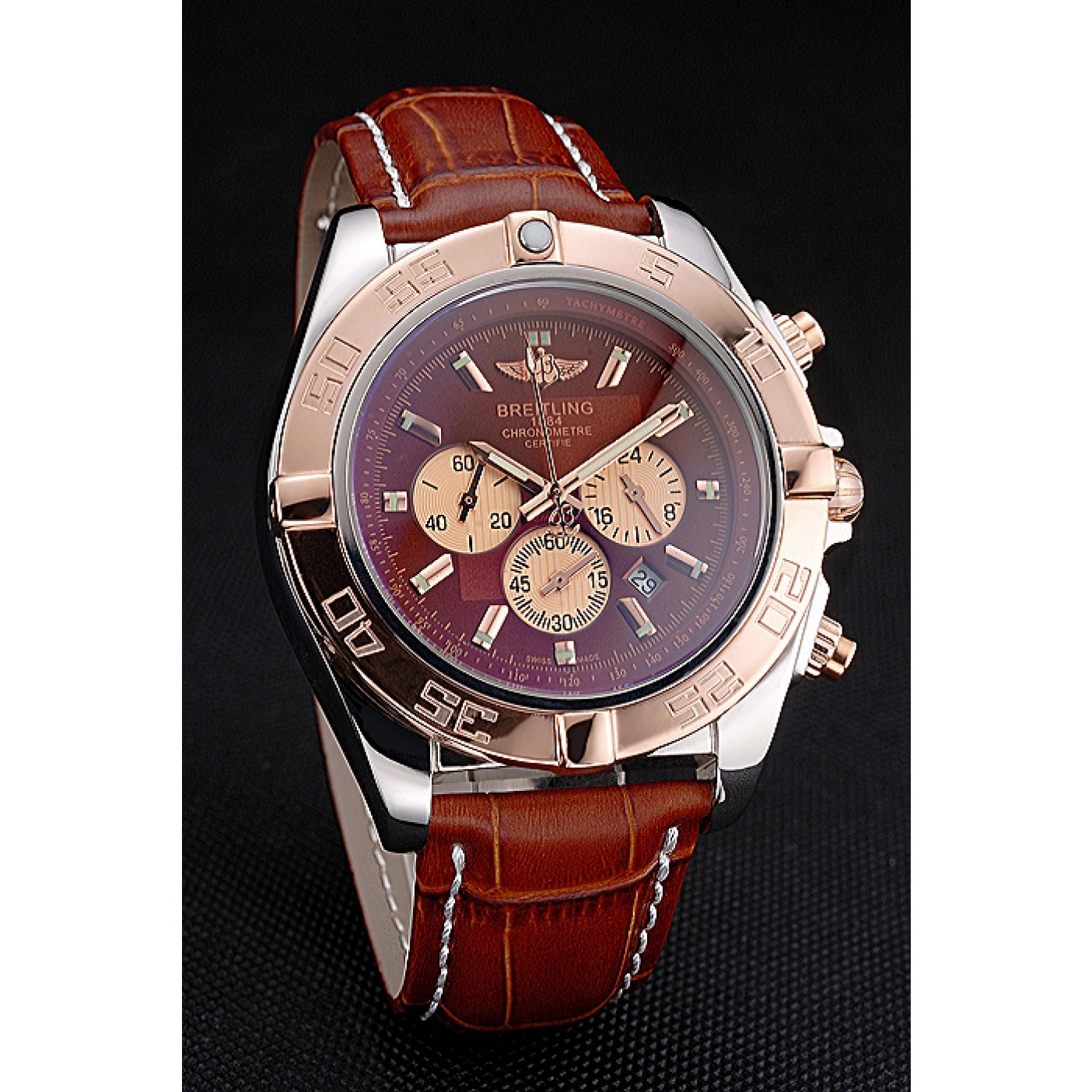 MiroTime Breitling Chronomat Brown Dial Rose Gold Bezel And Subdials Stainless Steel Case Brown Leather Strap