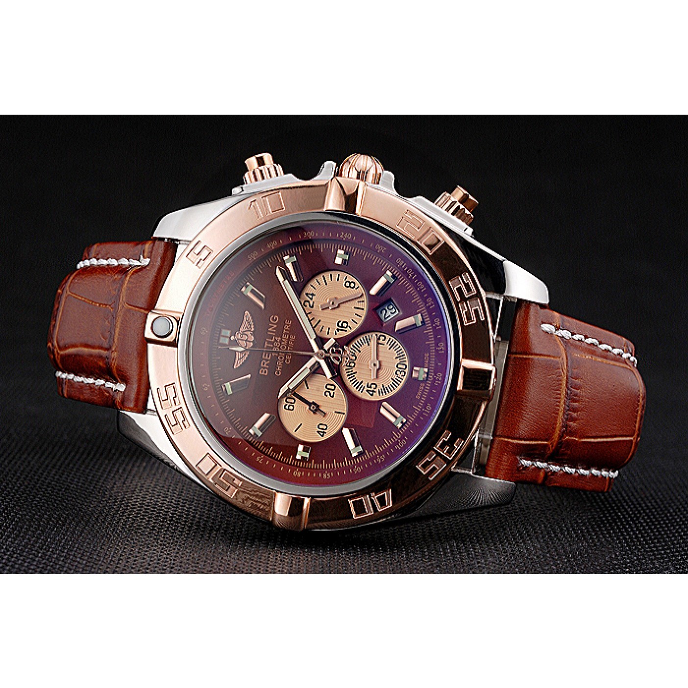 MiroTime Breitling Chronomat Brown Dial Rose Gold Bezel And Subdials Stainless Steel Case Brown Leather Strap
