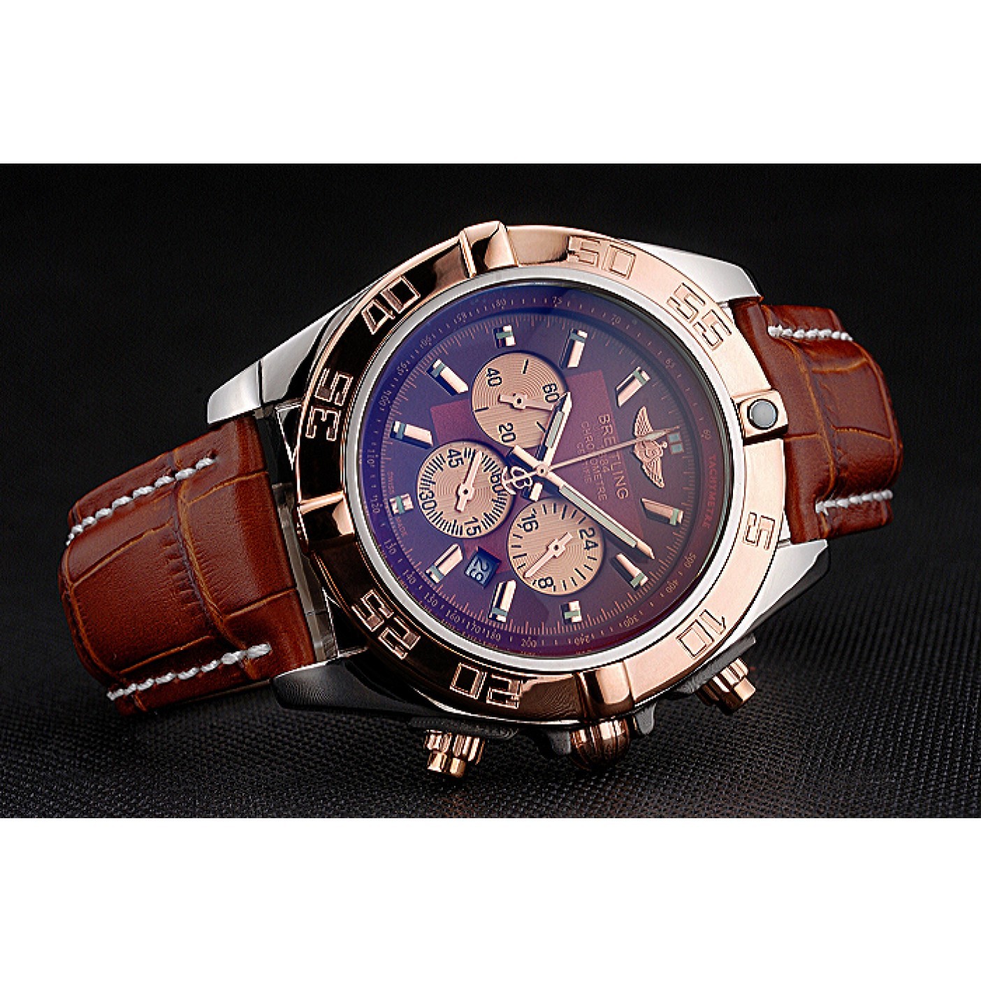 MiroTime Breitling Chronomat Brown Dial Rose Gold Bezel And Subdials Stainless Steel Case Brown Leather Strap