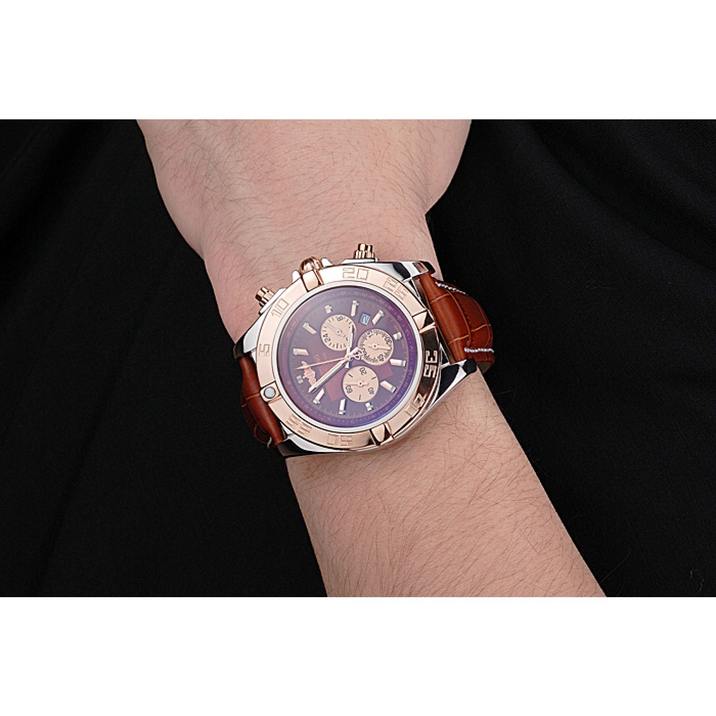 MiroTime Breitling Chronomat Brown Dial Rose Gold Bezel And Subdials Stainless Steel Case Brown Leather Strap