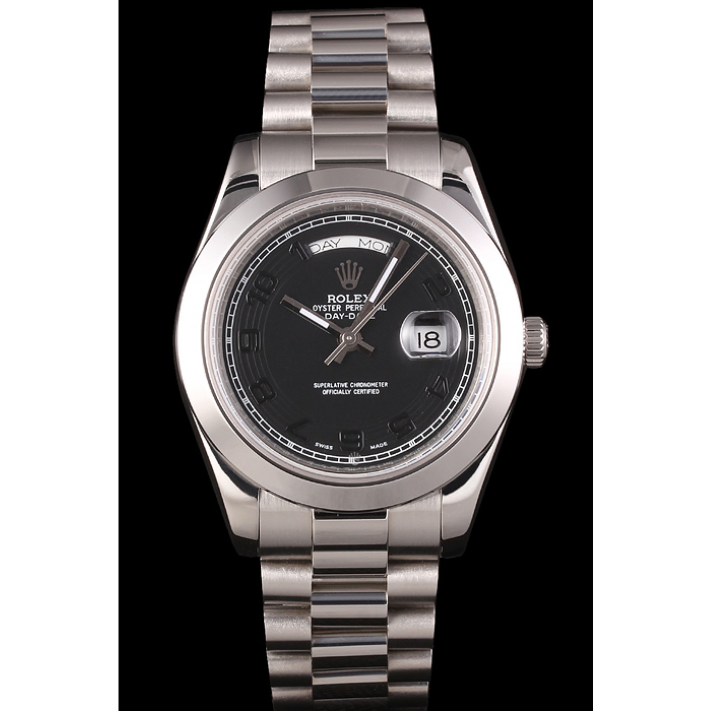 MiroTime Swiss Rolex Daydate Stainless Steel Bracelet Black Dial 80294