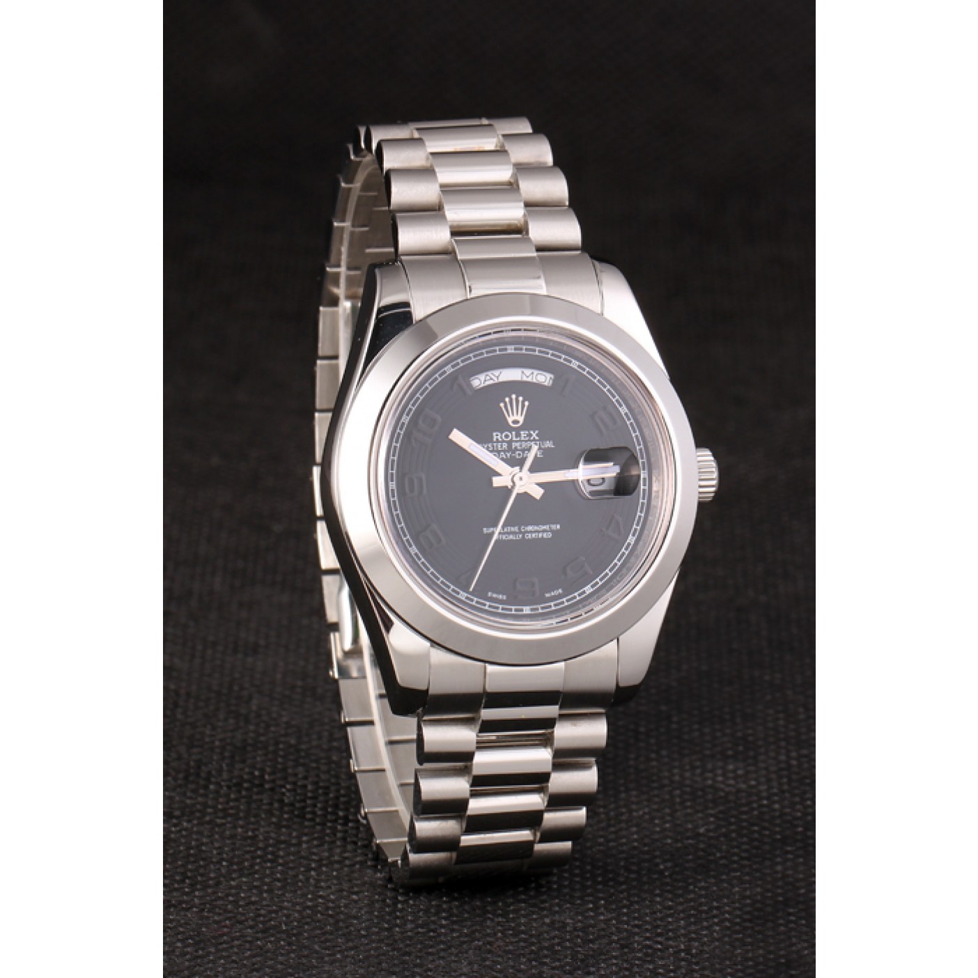 MiroTime Swiss Rolex Daydate Stainless Steel Bracelet Black Dial 80294