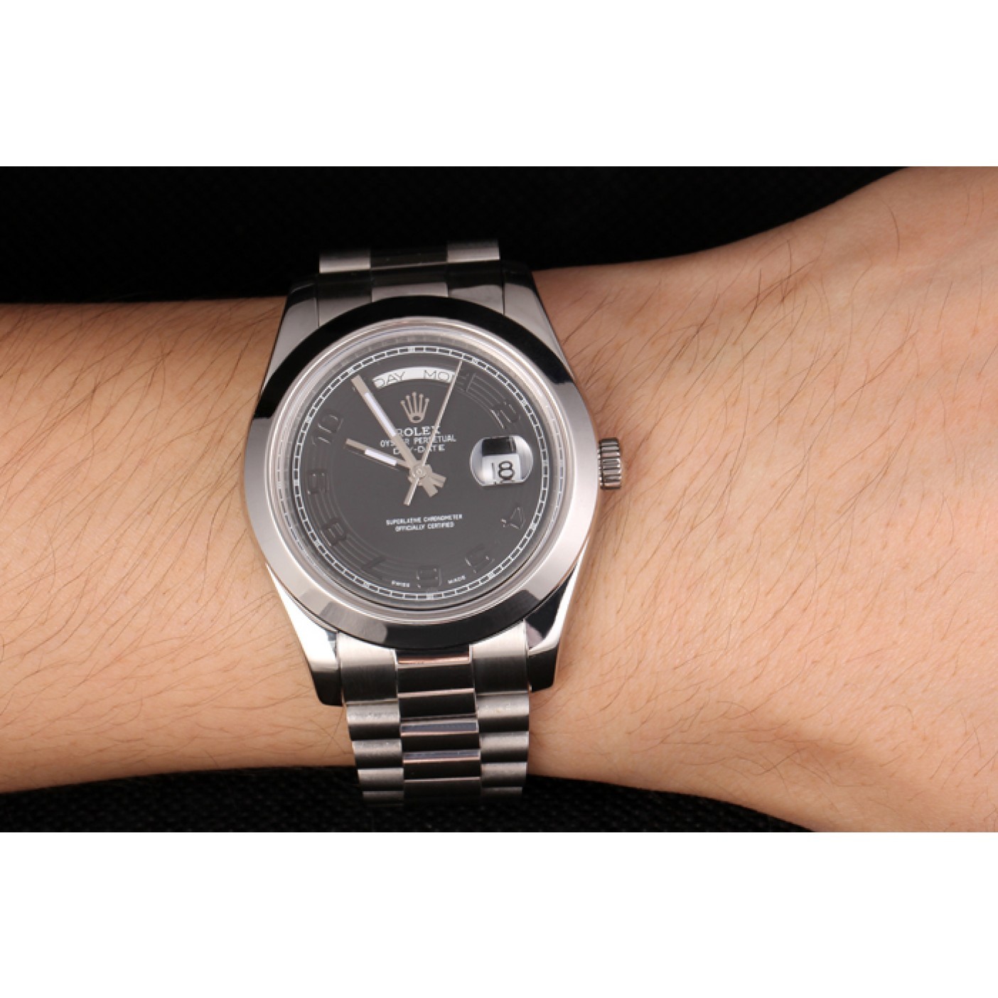 MiroTime Swiss Rolex Daydate Stainless Steel Bracelet Black Dial 80294