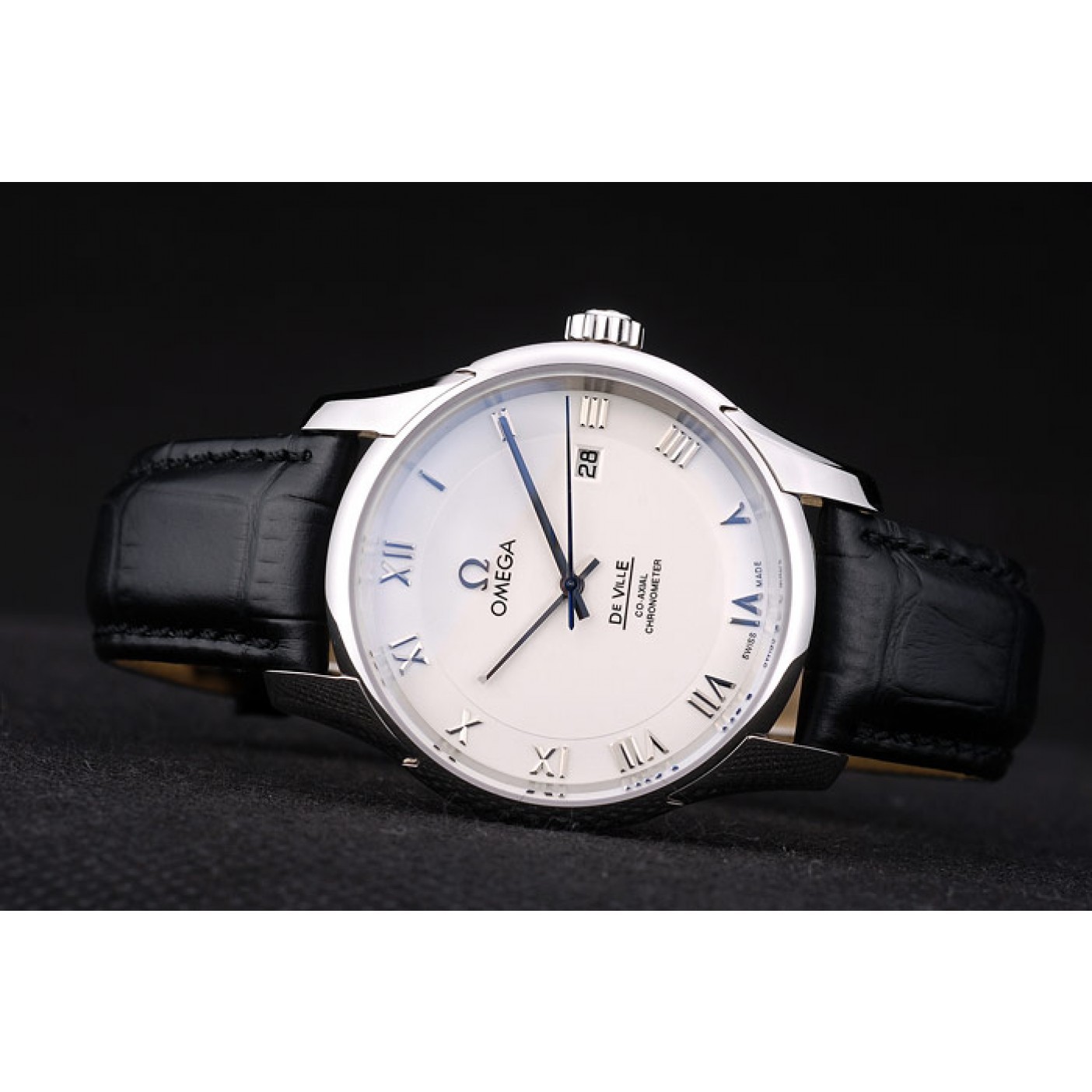 MiroTime Omega Swiss DeVille Stainless Steel Bezel Black Leather Strap 7620