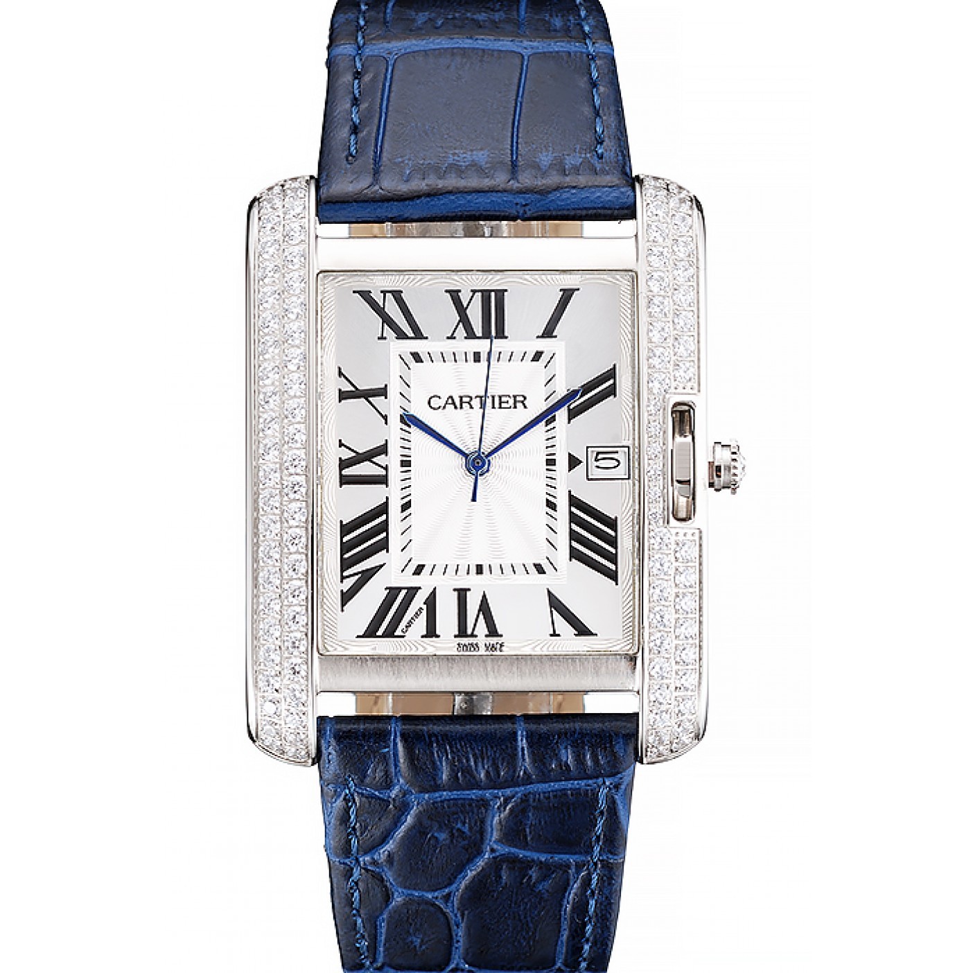 MiroTime Cartier Tank Anglaise 36mm White Dial Diamonds Steel Case Blue Leather Bracelet