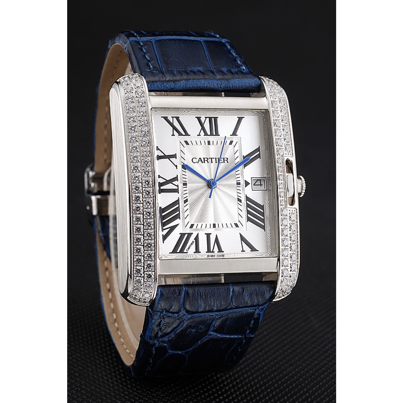 MiroTime Cartier Tank Anglaise 36mm White Dial Diamonds Steel Case Blue Leather Bracelet