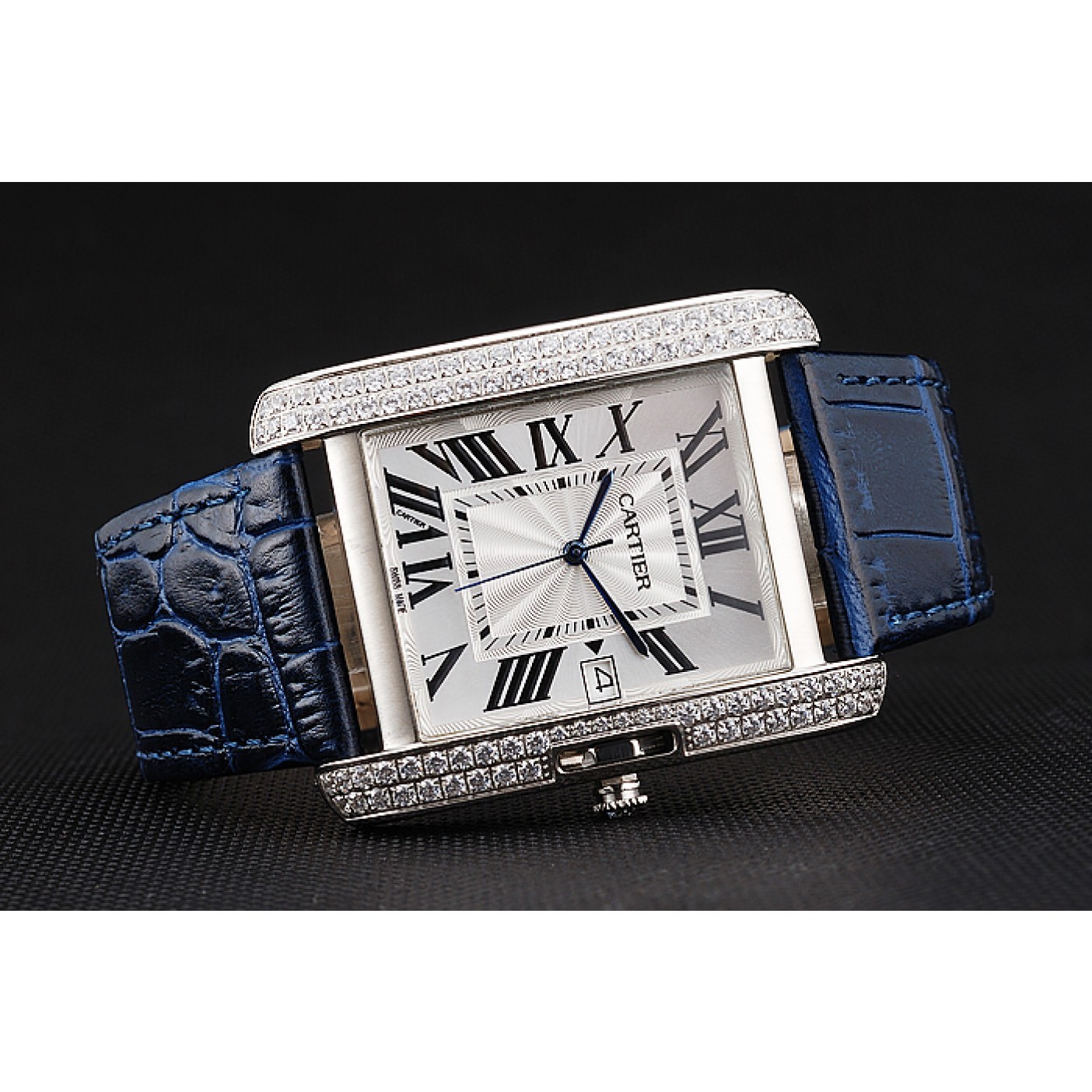 MiroTime Cartier Tank Anglaise 36mm White Dial Diamonds Steel Case Blue Leather Bracelet