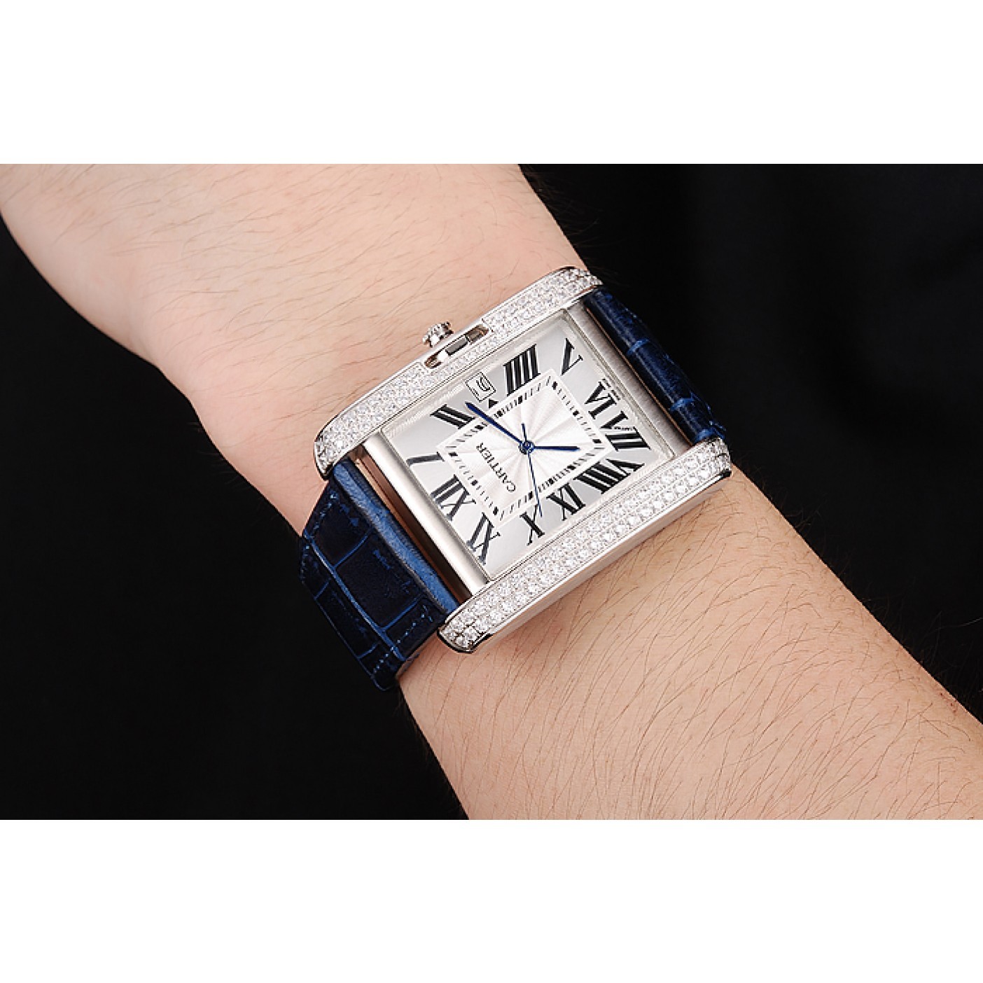 MiroTime Cartier Tank Anglaise 36mm White Dial Diamonds Steel Case Blue Leather Bracelet