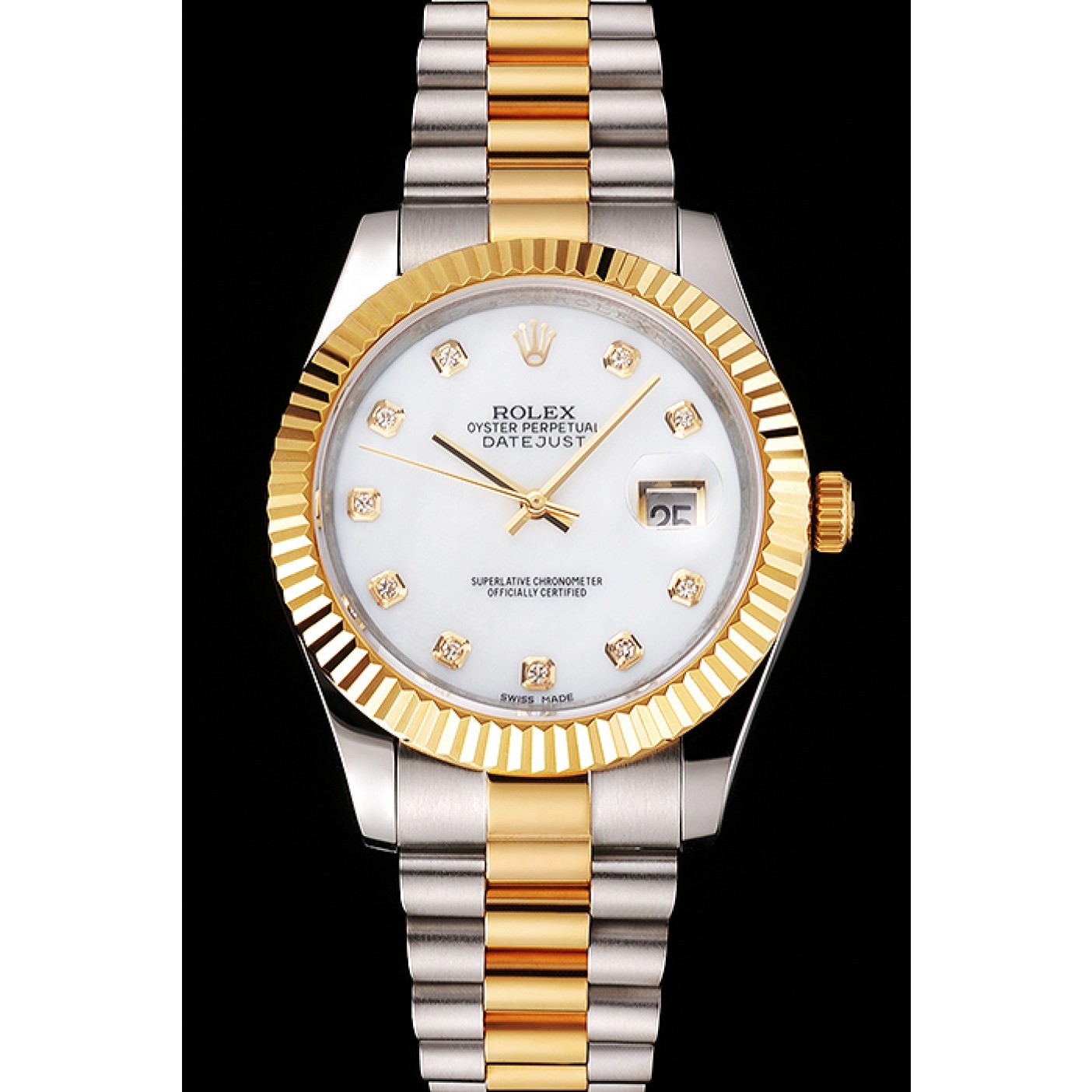 MiroTime Swiss Rolex Datejust White Dial Diamond Hour Marks Gold Bezel Stainless Steel Case Two Tone Bracelet