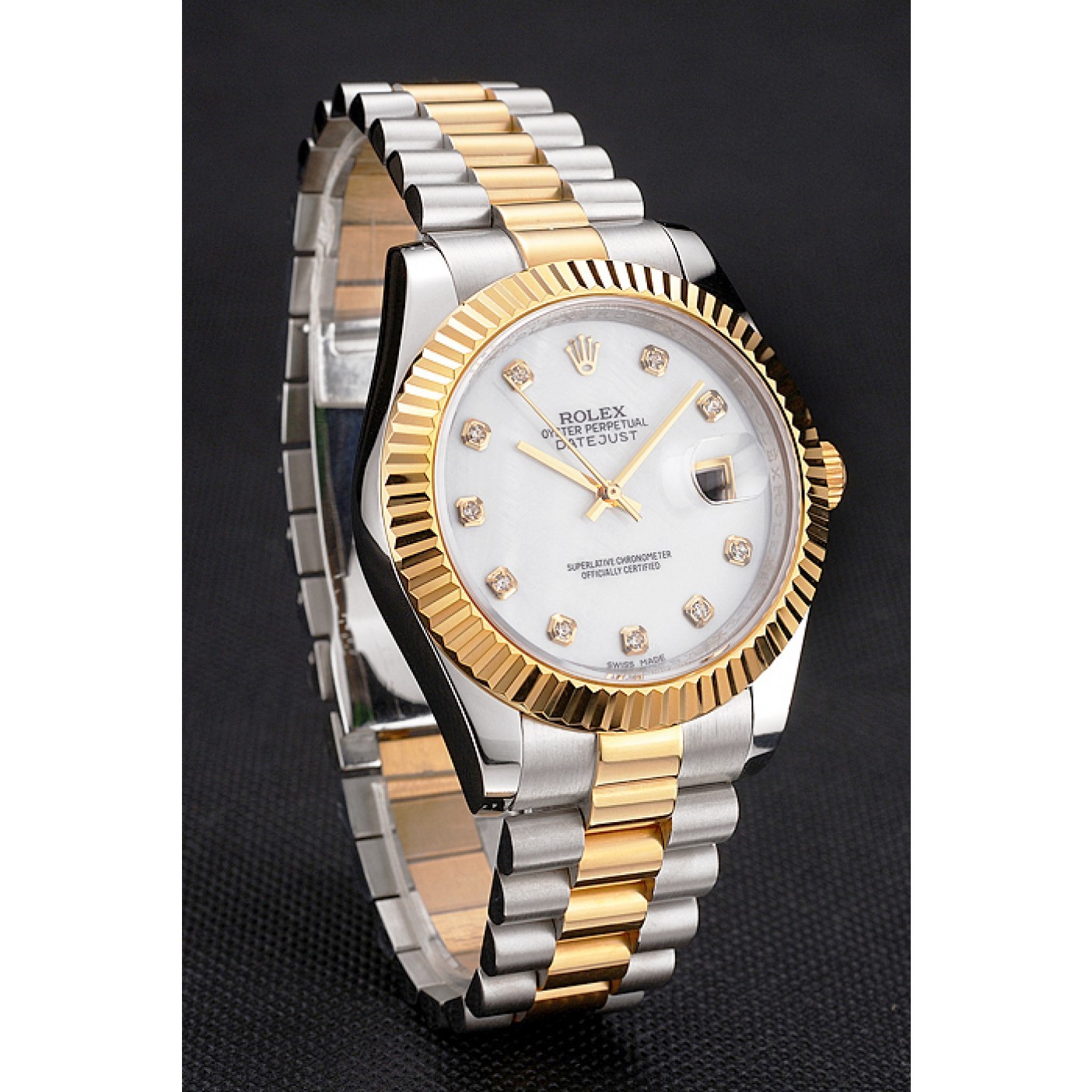 MiroTime Swiss Rolex Datejust White Dial Diamond Hour Marks Gold Bezel Stainless Steel Case Two Tone Bracelet