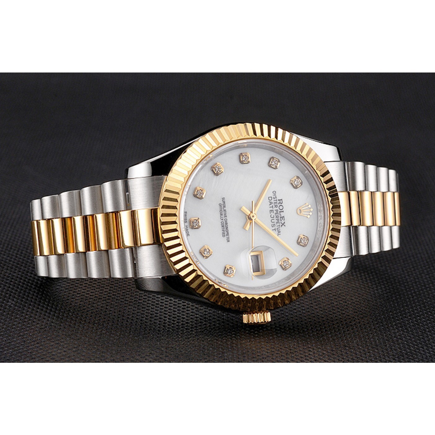 MiroTime Swiss Rolex Datejust White Dial Diamond Hour Marks Gold Bezel Stainless Steel Case Two Tone Bracelet
