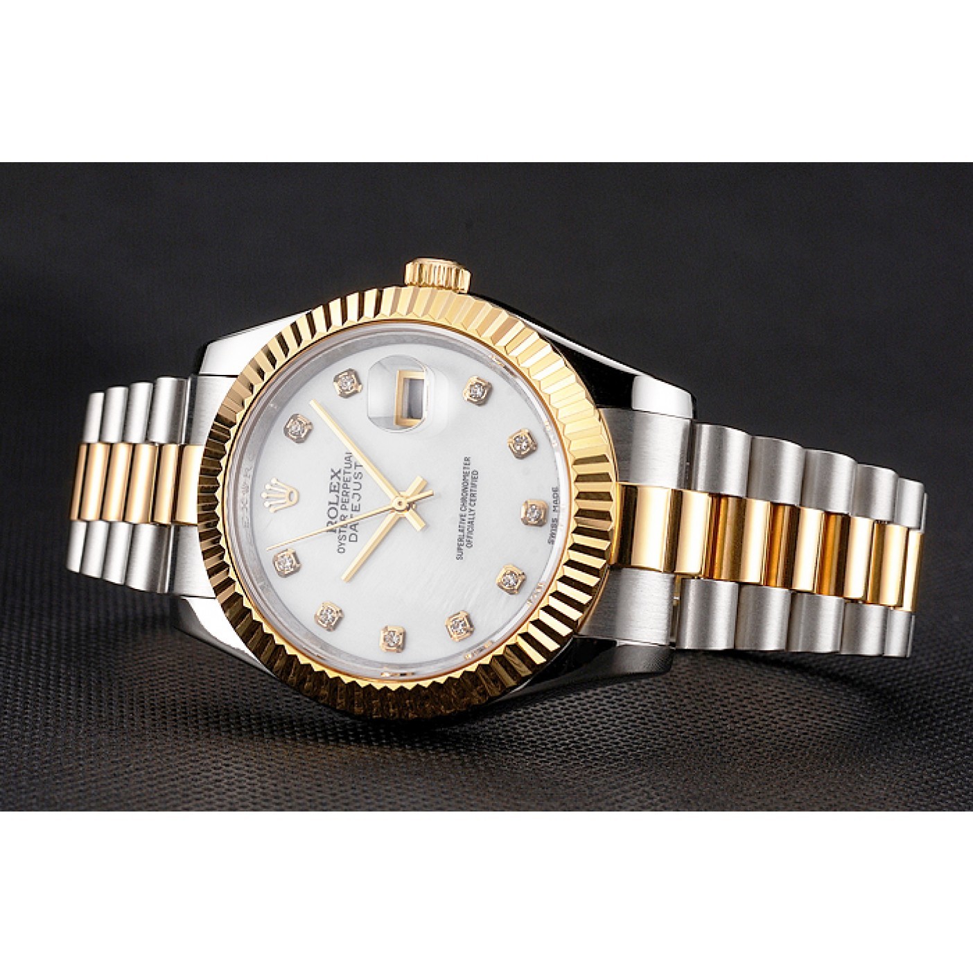 MiroTime Swiss Rolex Datejust White Dial Diamond Hour Marks Gold Bezel Stainless Steel Case Two Tone Bracelet