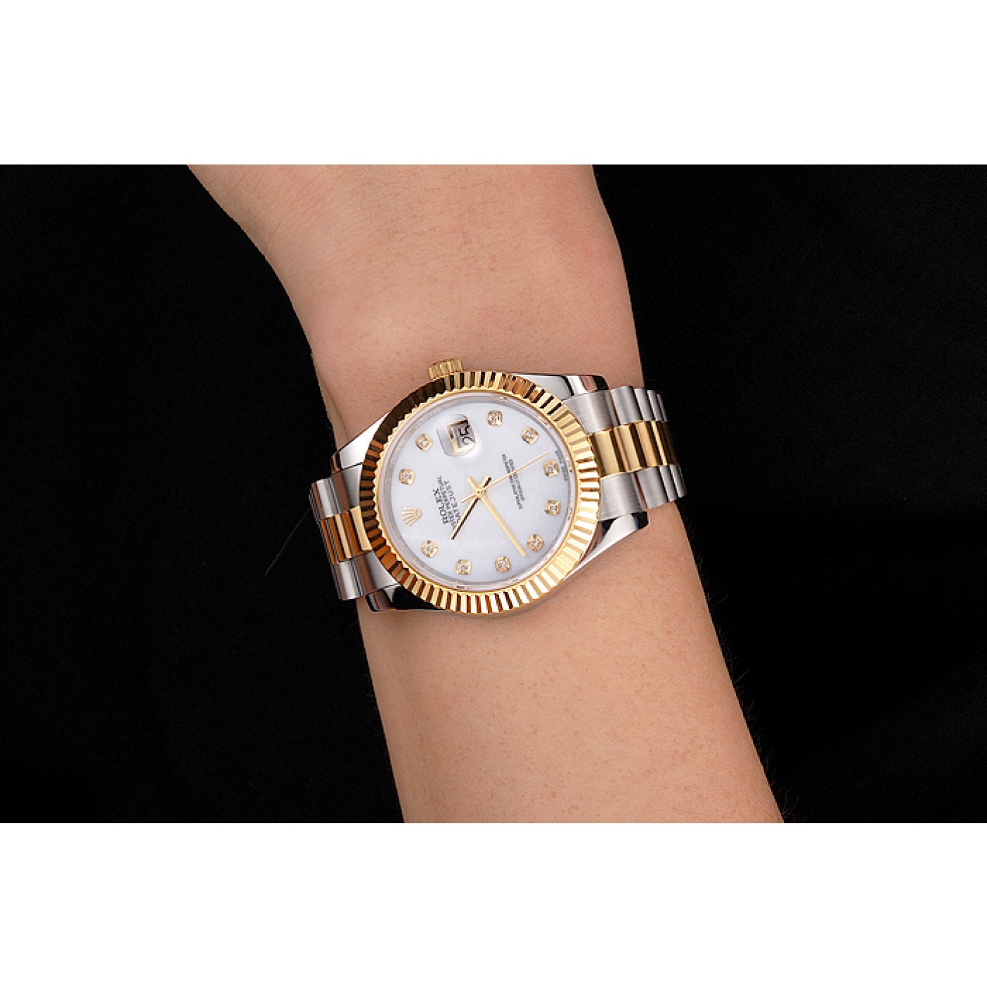 MiroTime Swiss Rolex Datejust White Dial Diamond Hour Marks Gold Bezel Stainless Steel Case Two Tone Bracelet