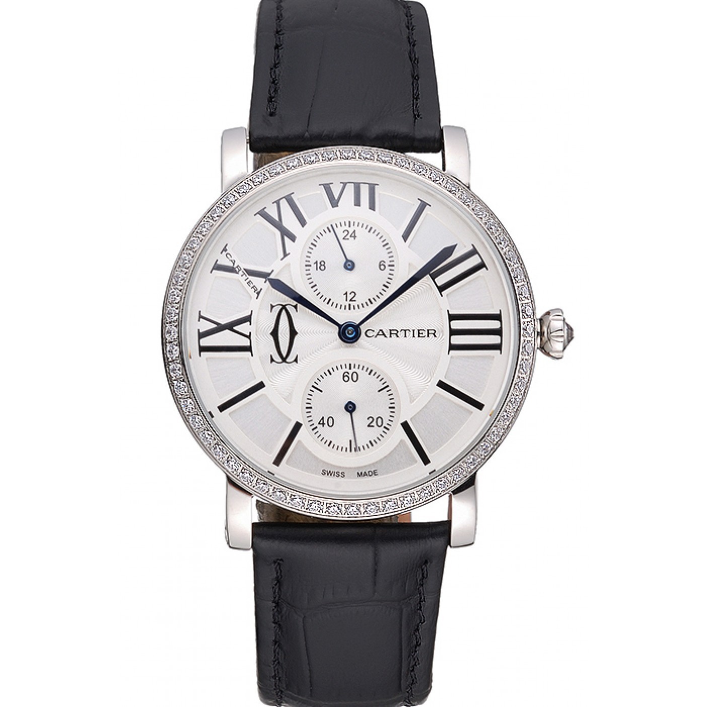 MiroTime Cartier Ronde Second Time Zone White Dial Stainless Steel Case With Diamonds Black Leather Strap 622804