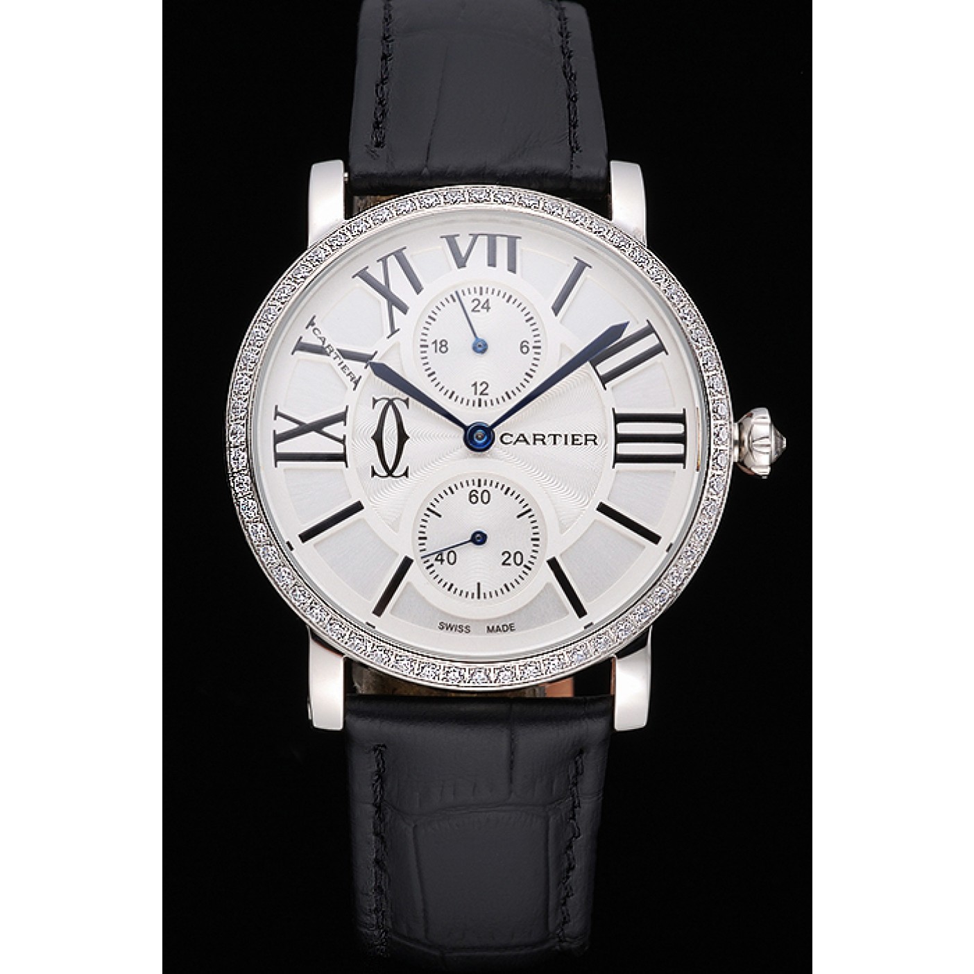 MiroTime Cartier Ronde Second Time Zone White Dial Stainless Steel Case With Diamonds Black Leather Strap 622804