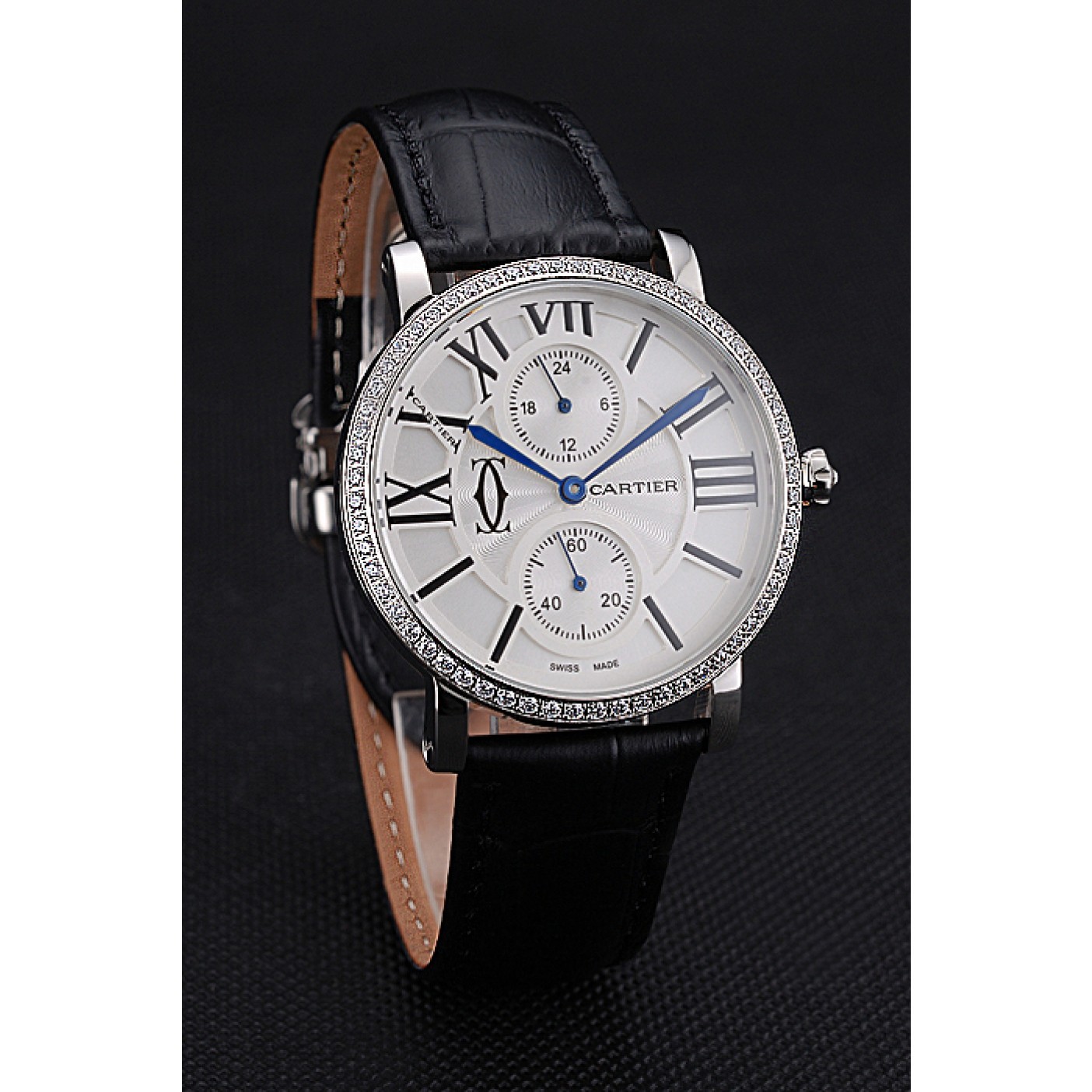 MiroTime Cartier Ronde Second Time Zone White Dial Stainless Steel Case With Diamonds Black Leather Strap 622804