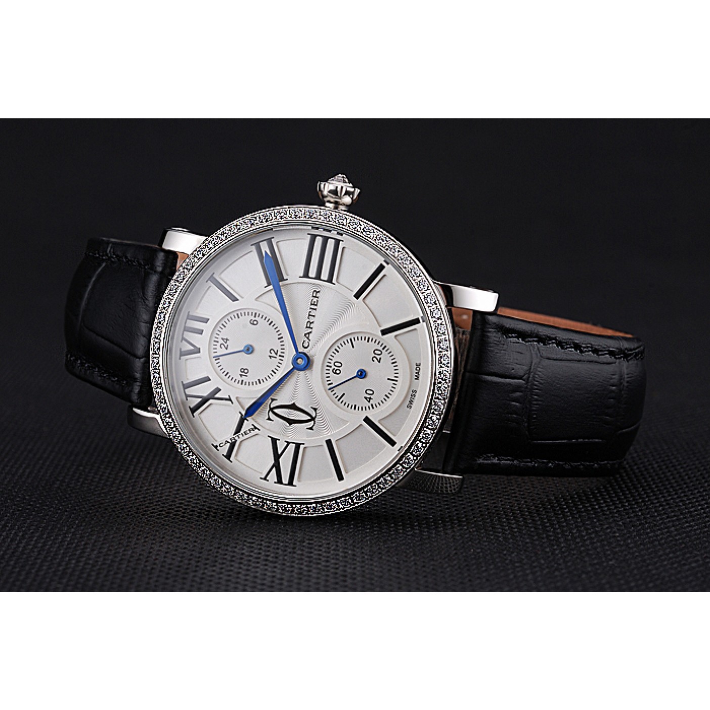 MiroTime Cartier Ronde Second Time Zone White Dial Stainless Steel Case With Diamonds Black Leather Strap 622804