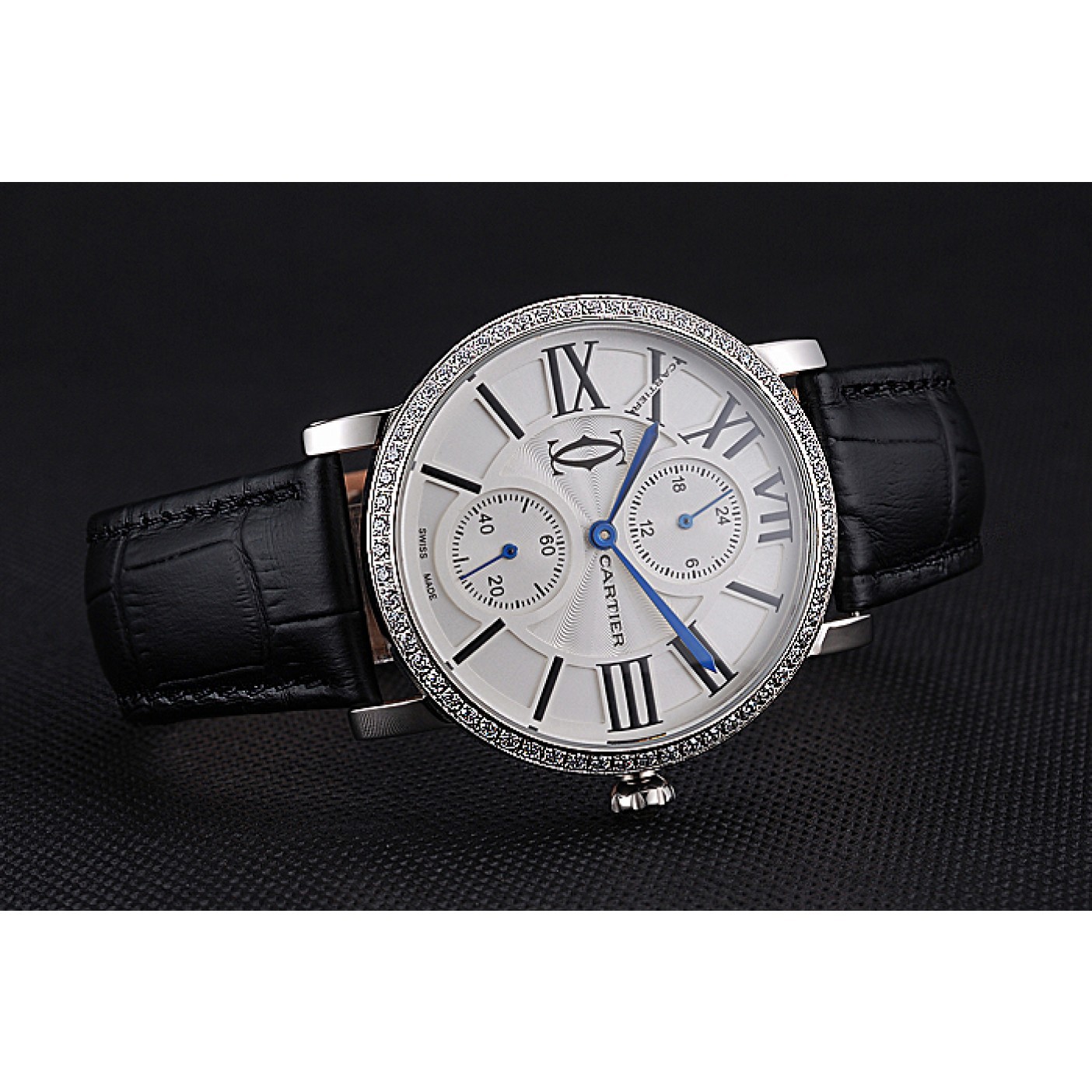MiroTime Cartier Ronde Second Time Zone White Dial Stainless Steel Case With Diamonds Black Leather Strap 622804